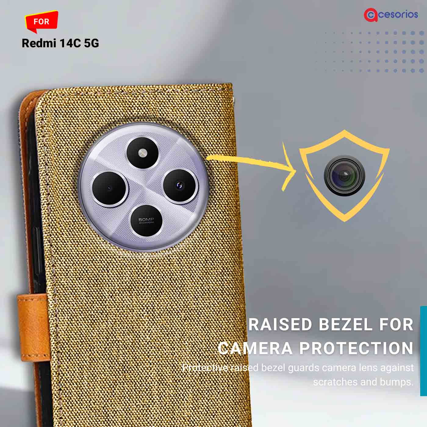 Denim & Leather back panel — Redmi 14C 5G in Light Brown mobile case