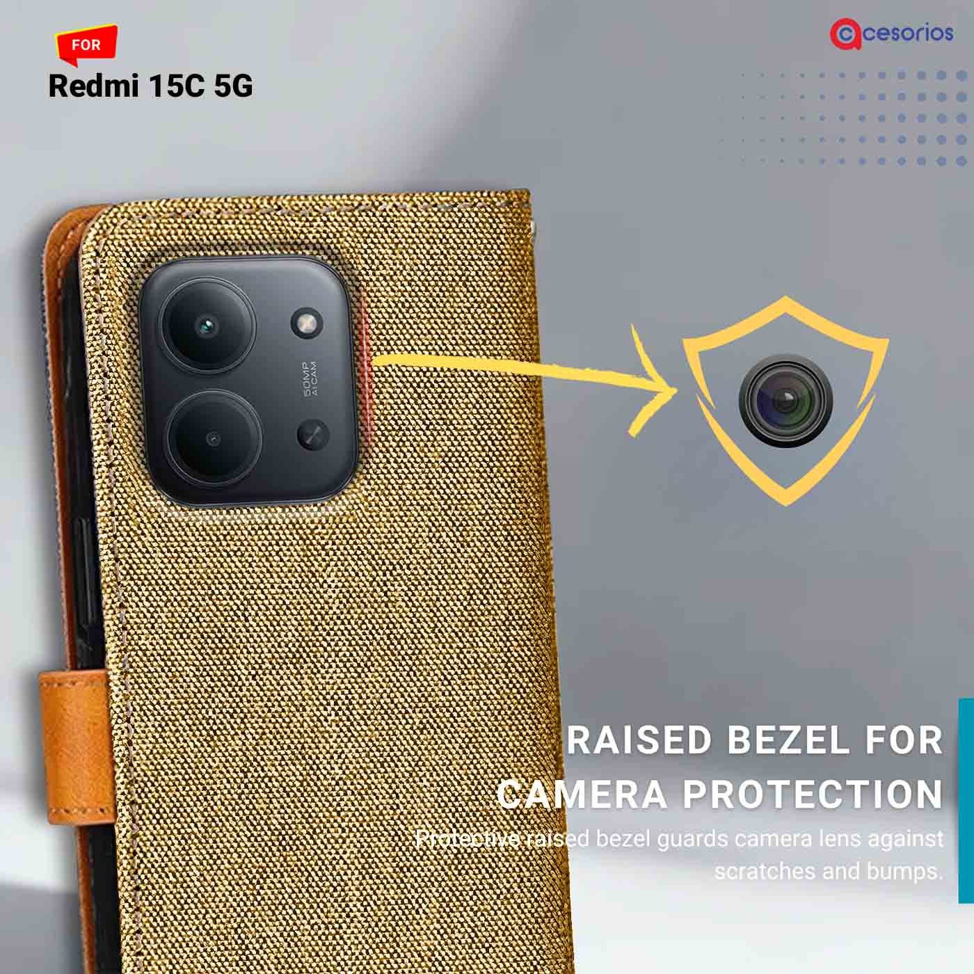 Denim & Leather back panel — Redmi 15C 5G in Light Brown mobile case