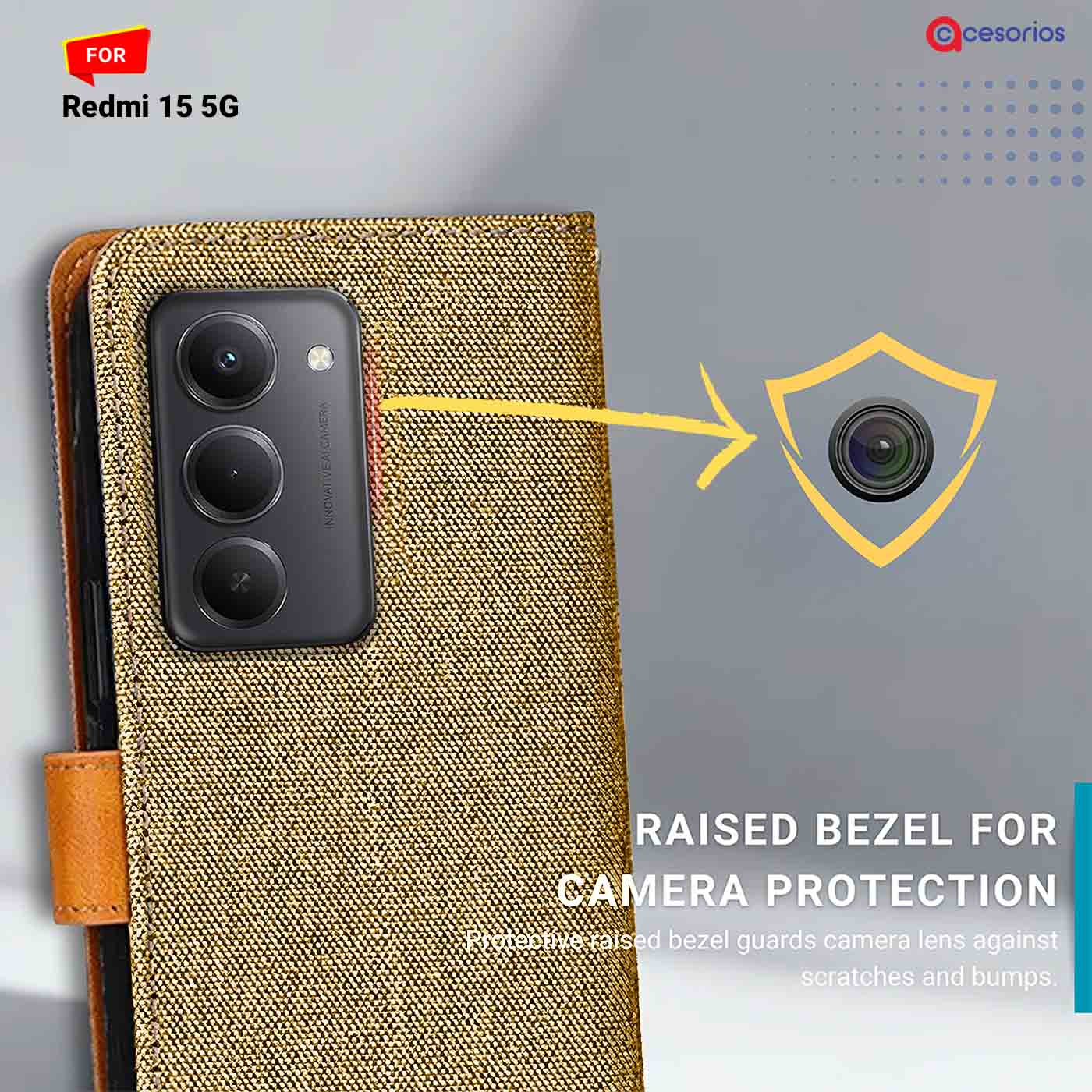 Denim & Leather back panel — Redmi 15 5G in Light Brown mobile case