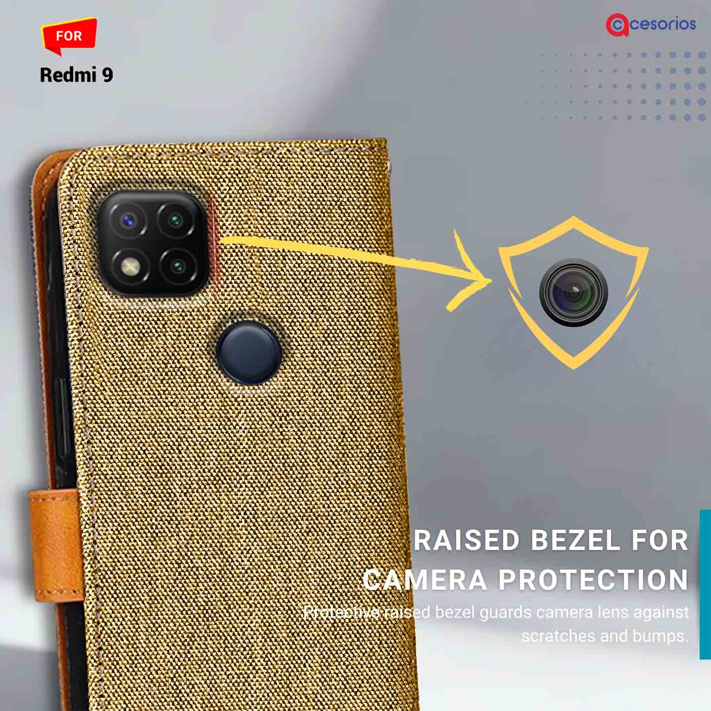 Denim & Leather back panel — Redmi 9 in Light Brown mobile case