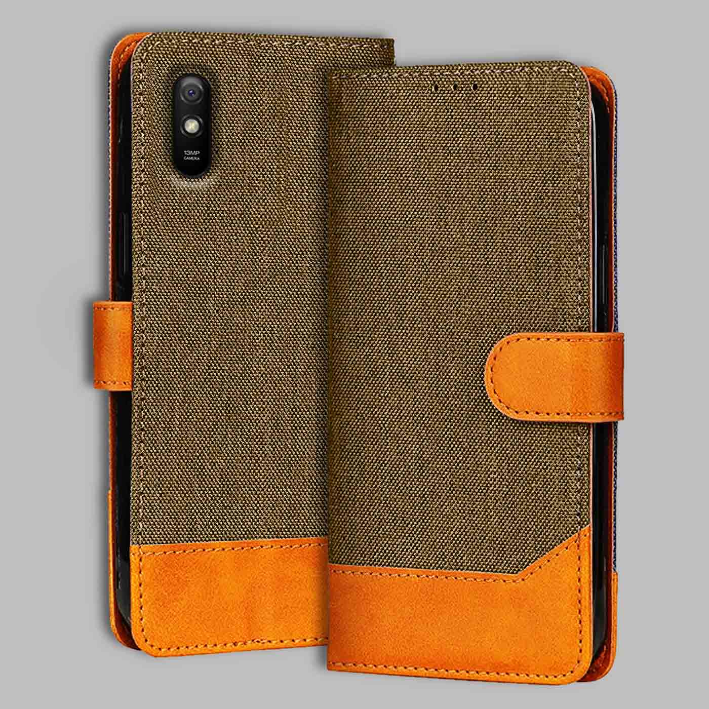Redmi 9A flip cover in Dark Brown — front view by Accesorios