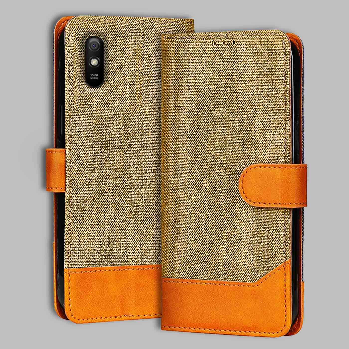 Redmi 9A flip cover in Light Brown — front view by Accesorios