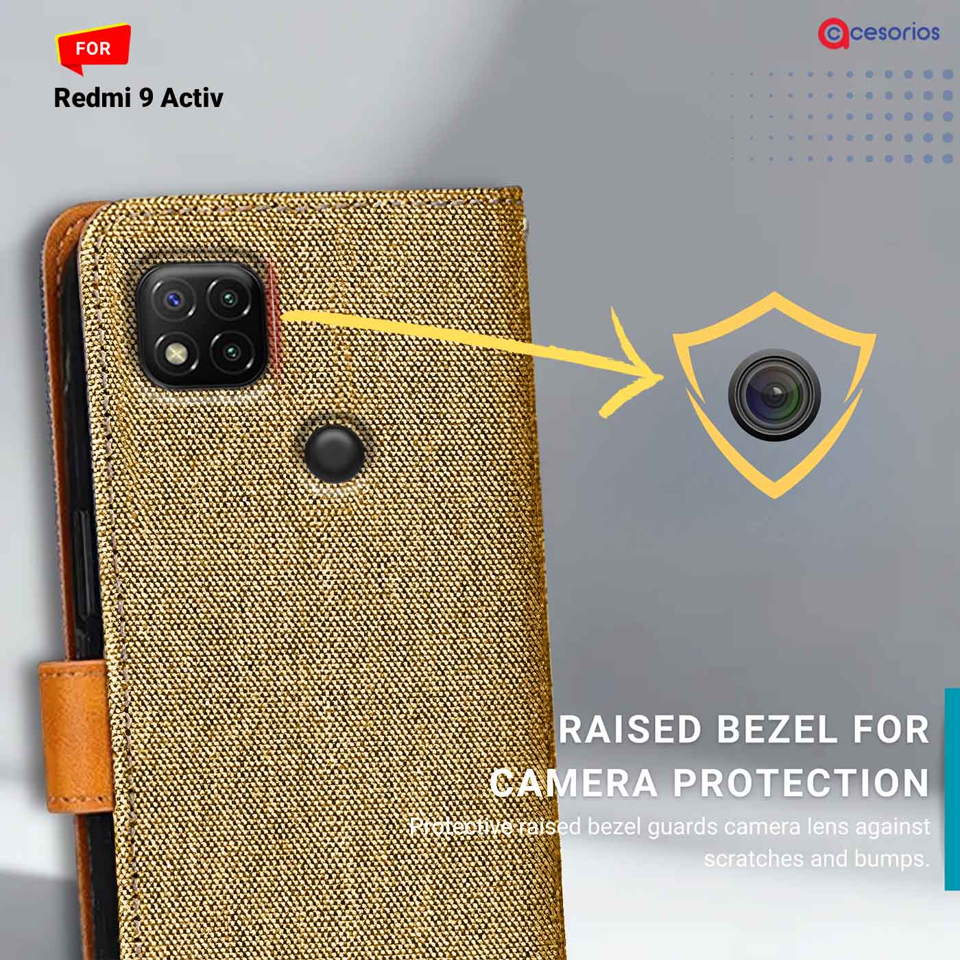Denim & Leather back panel — Redmi 9 Activ in Light Brown mobile case