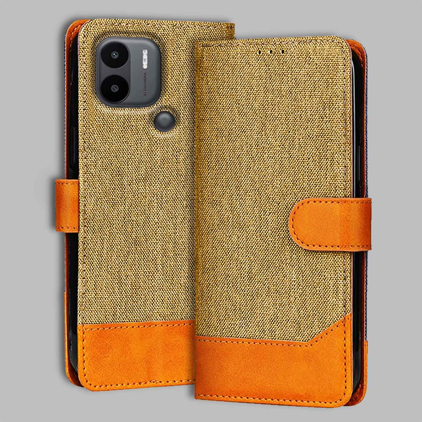Redmi A2 Plus flip cover in Light Brown — front view by Accesorios