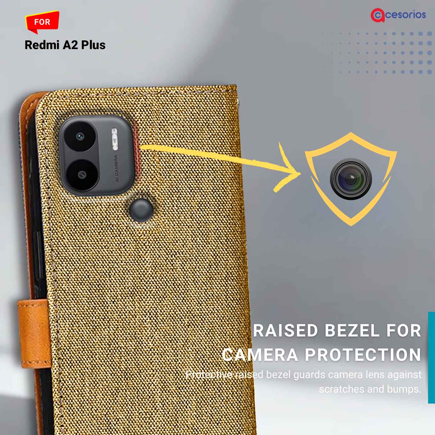 Denim & Leather back panel — Redmi A2 Plus in Light Brown mobile case