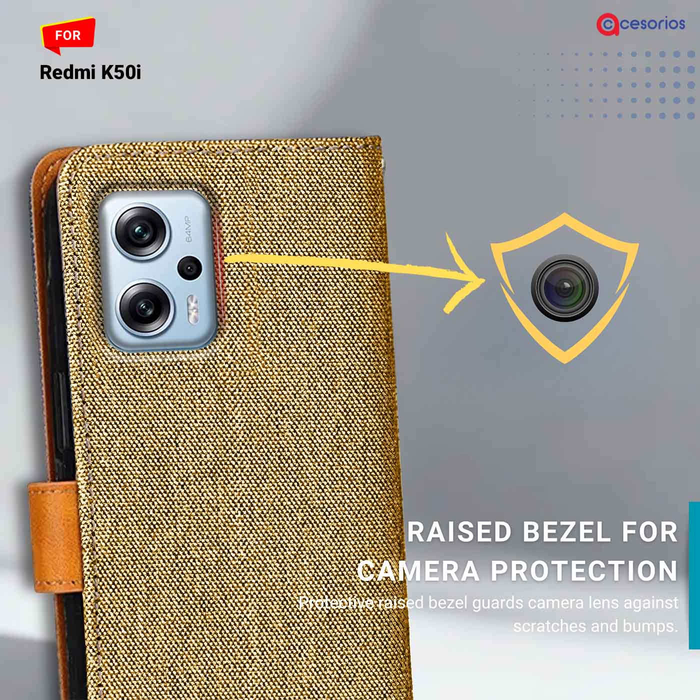 Denim & Leather back panel — Redmi K50I in Light Brown mobile case