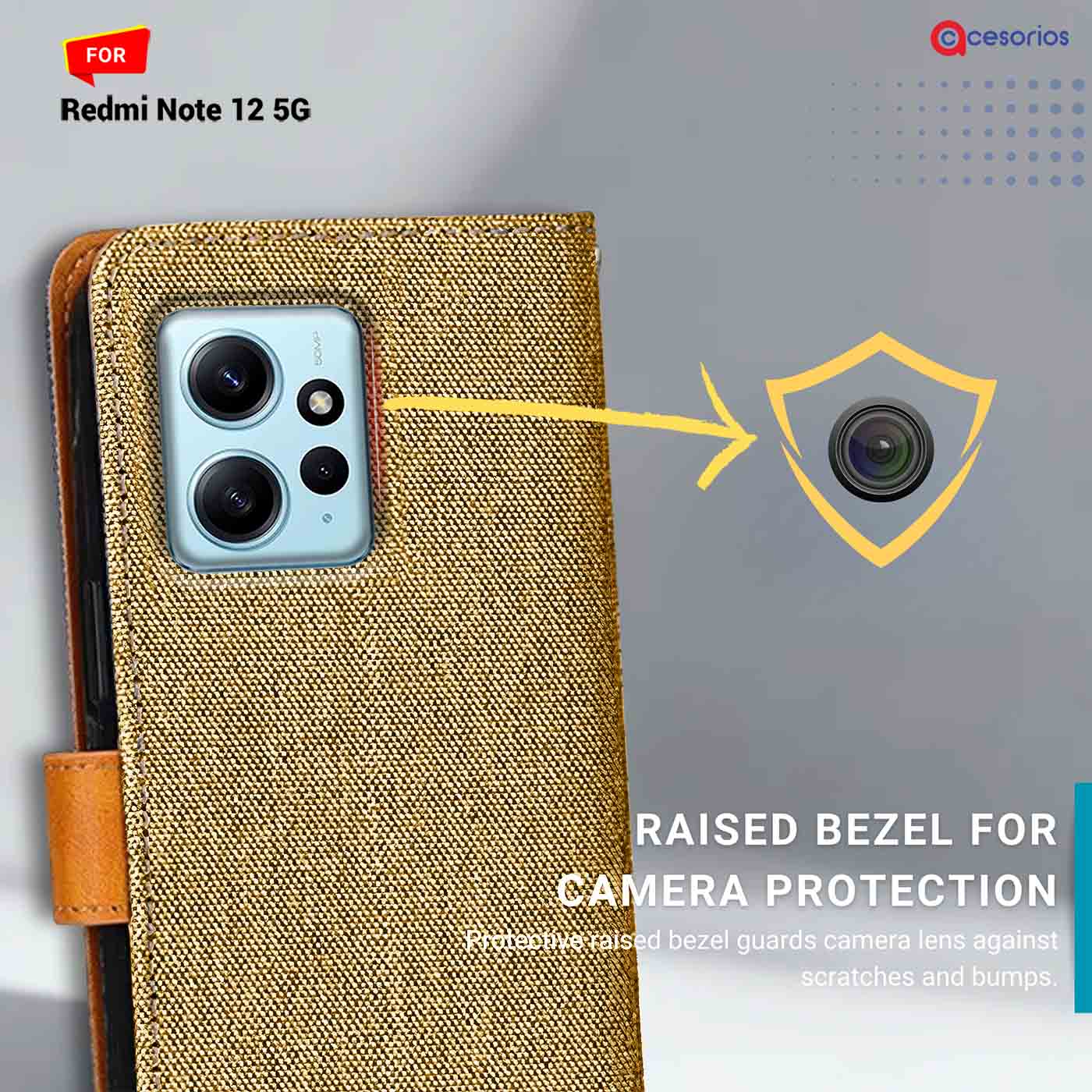 Denim & Leather back panel — Redmi Note 12 5G in Light Brown mobile case