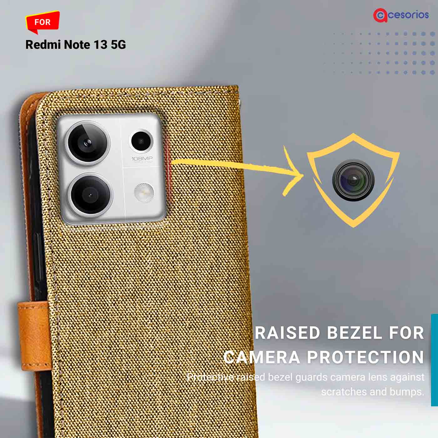 Denim & Leather back panel — Redmi Note 13 5G in Light Brown mobile case