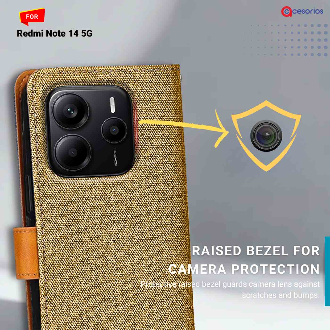 Denim & Leather back panel — Redmi Note 14 5G in Light Brown mobile case