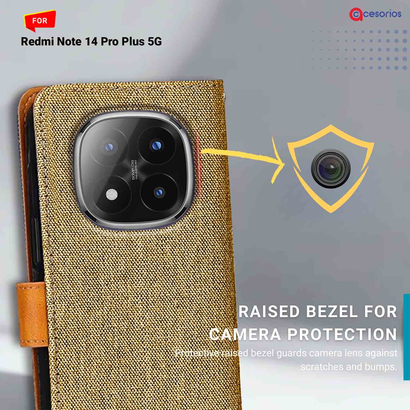 Denim & Leather back panel — Redmi Note 14 Pro Plus 5G in Light Brown mobile case