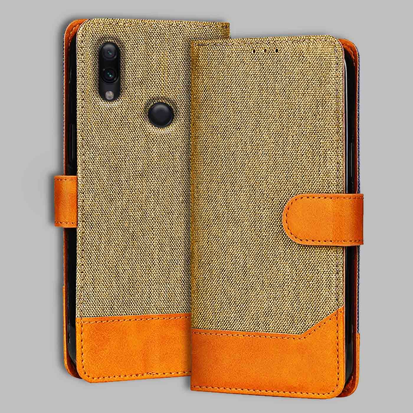 Redmi Note 7 flip cover in Light Brown — front view by Accesorios