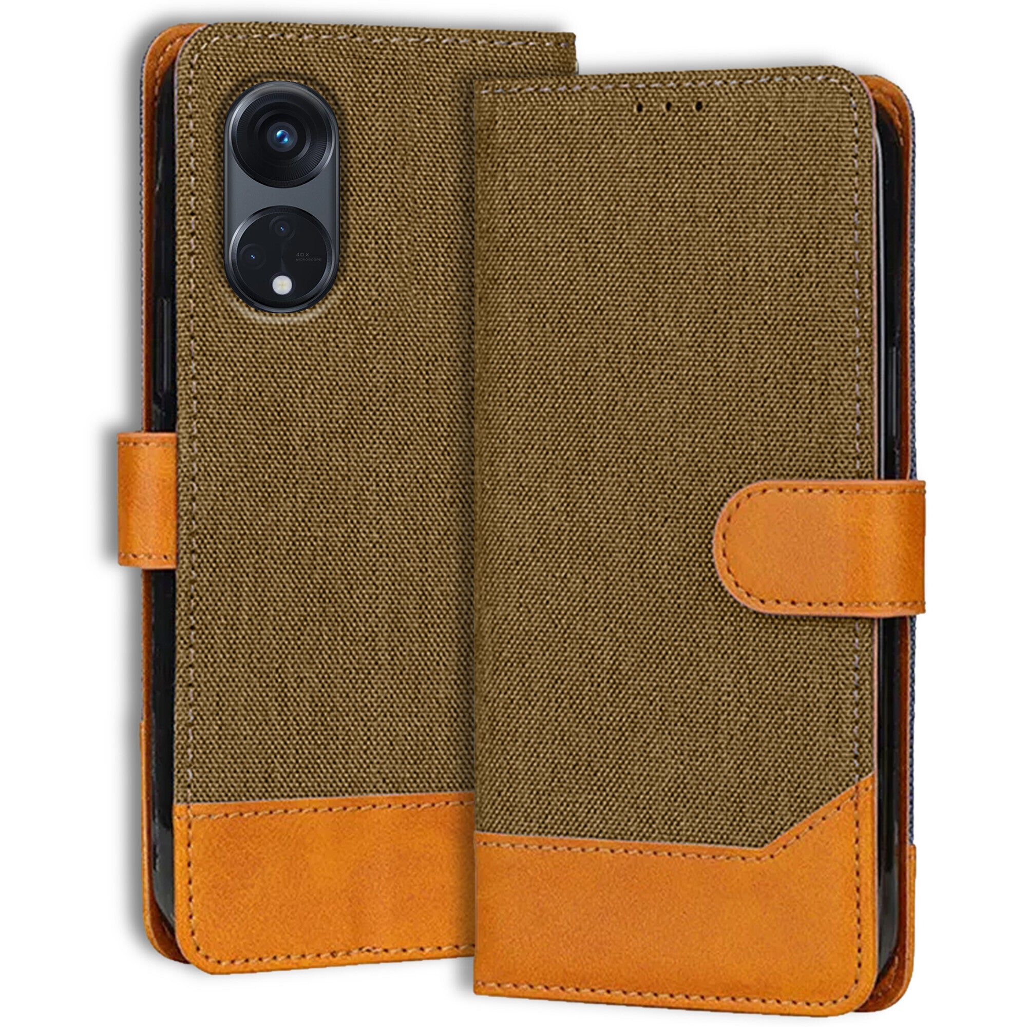 Accesorios Reno 8T 5G denim flip cover – Dark Brown – Image 1 #color_dark brown