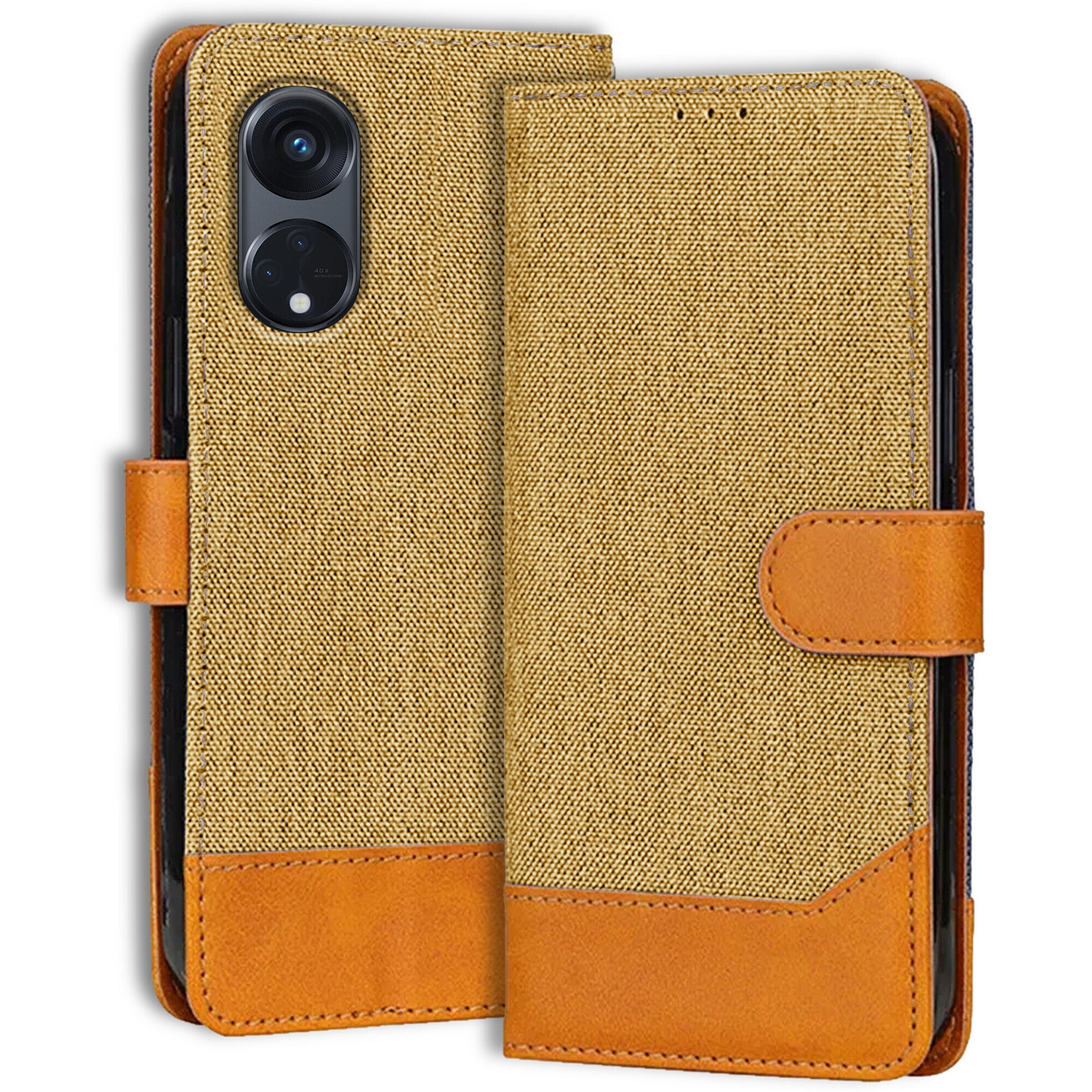 Accesorios Reno 8T 5G denim flip cover – Light Brown – Image 1 #color_light brown