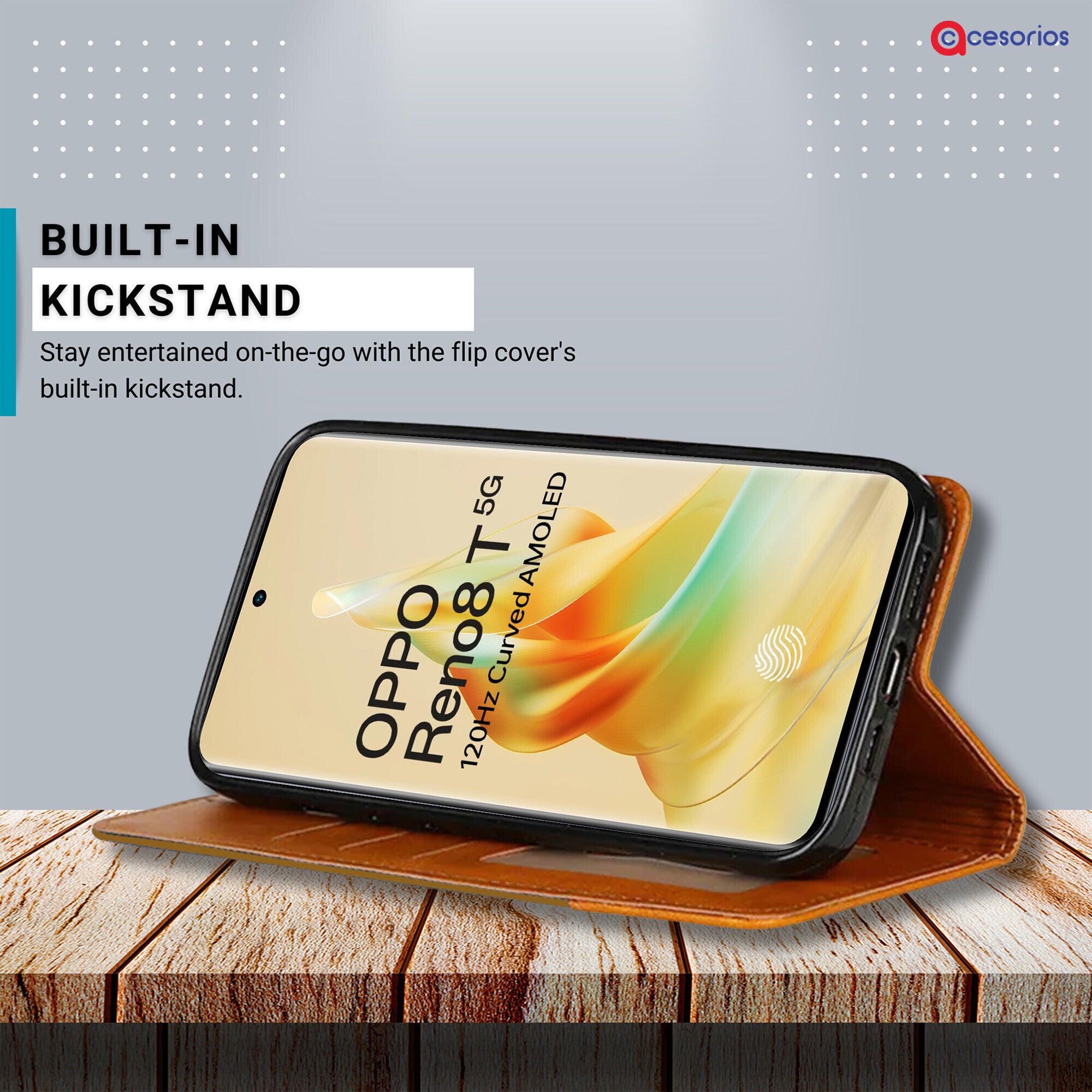 Accesorios Reno 8T 5G denim flip cover – Light Brown – Image 4 #color_light brown