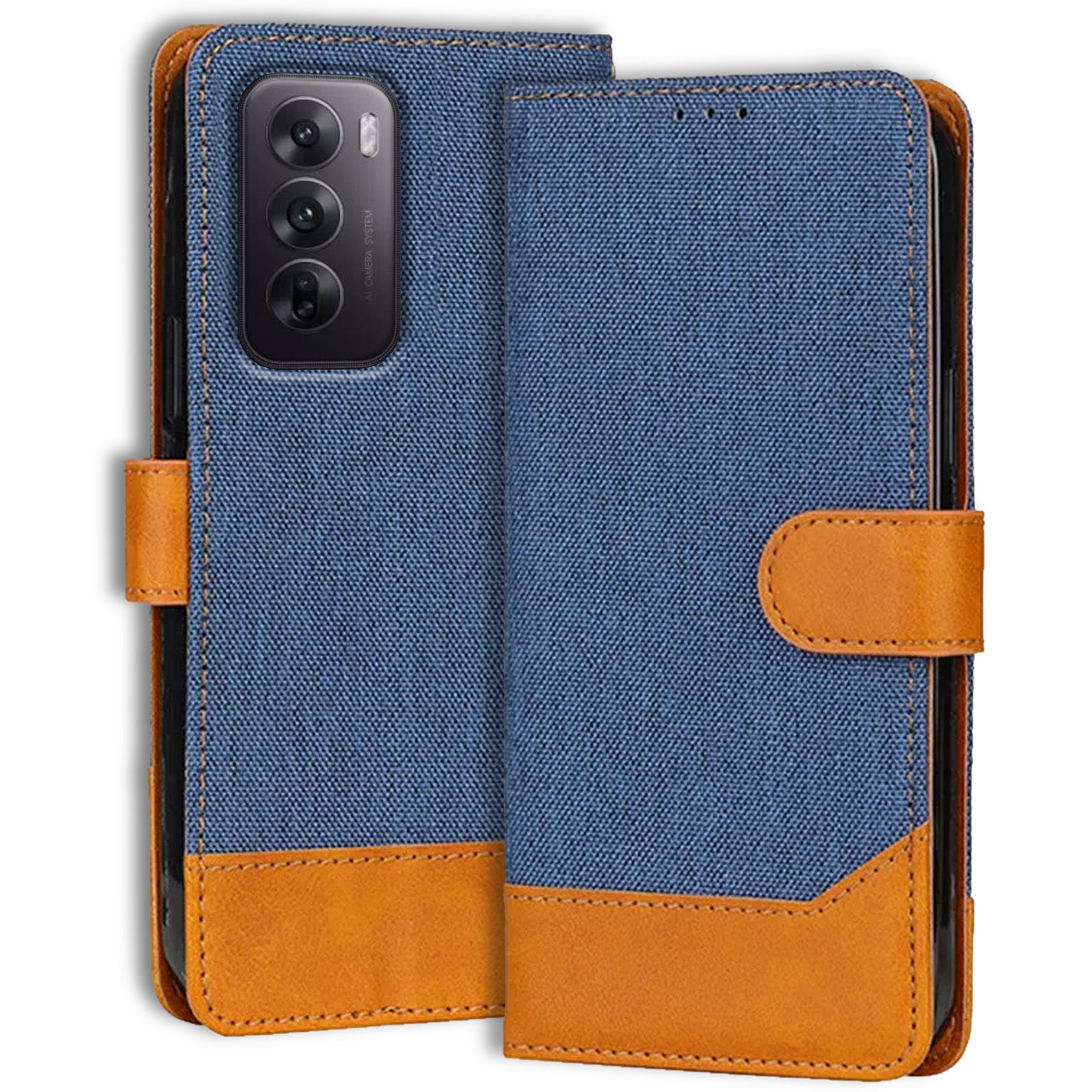Denim & Leather Flip Case for Reno 12 5G | Stylish Protection - Blue