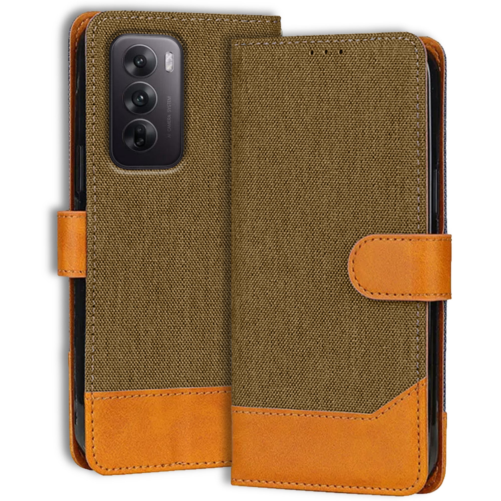 Reno 12 5G Dual Color Flip Cover | Denim & Leather - Dark Brown