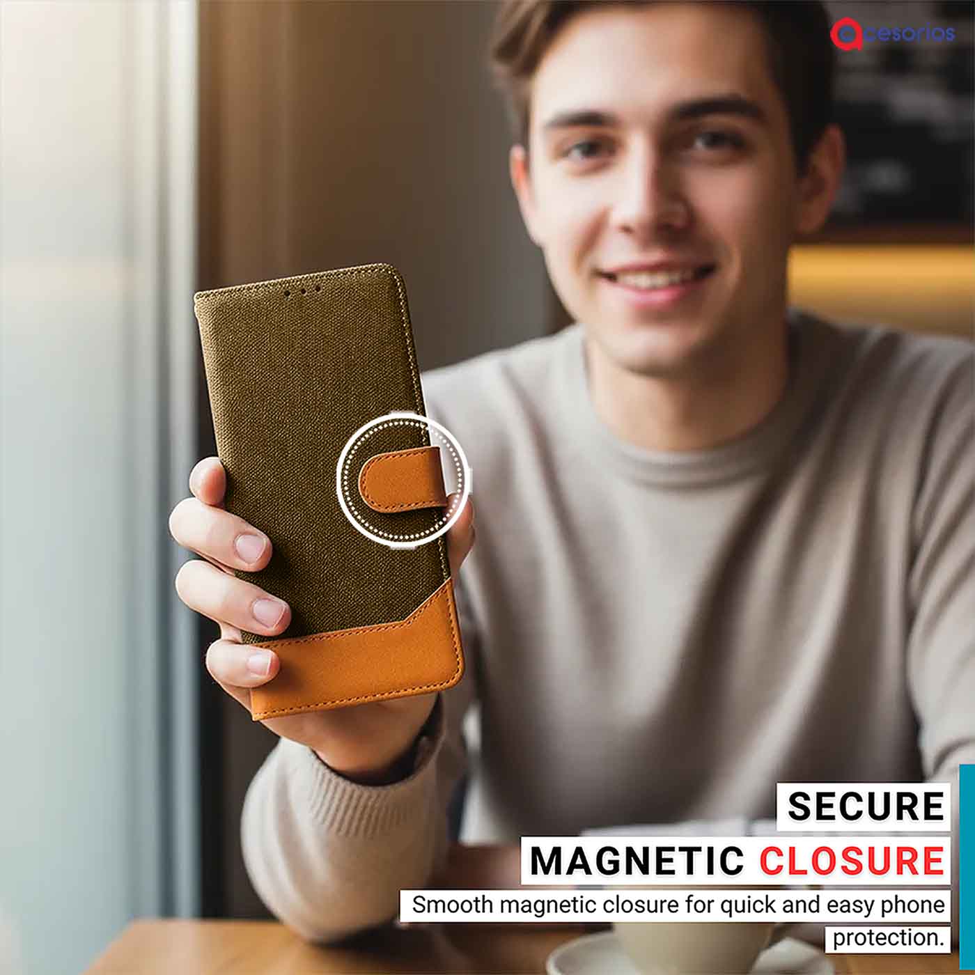 Hand holding Oppo Reno 12 5G in Dark Brown flip cover with magnetic closure