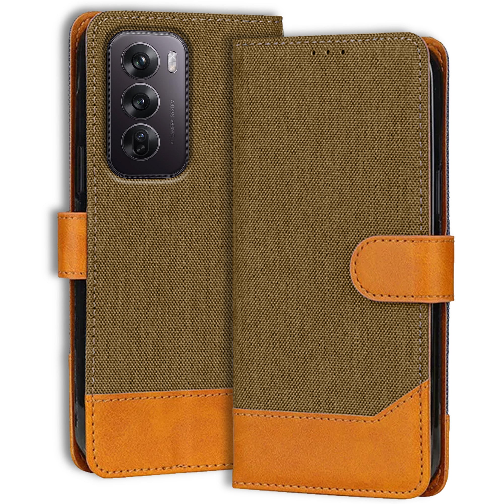 Accesorios Reno 12 Pro 5G denim flip cover – Dark Brown – Image 1 #color_dark brown