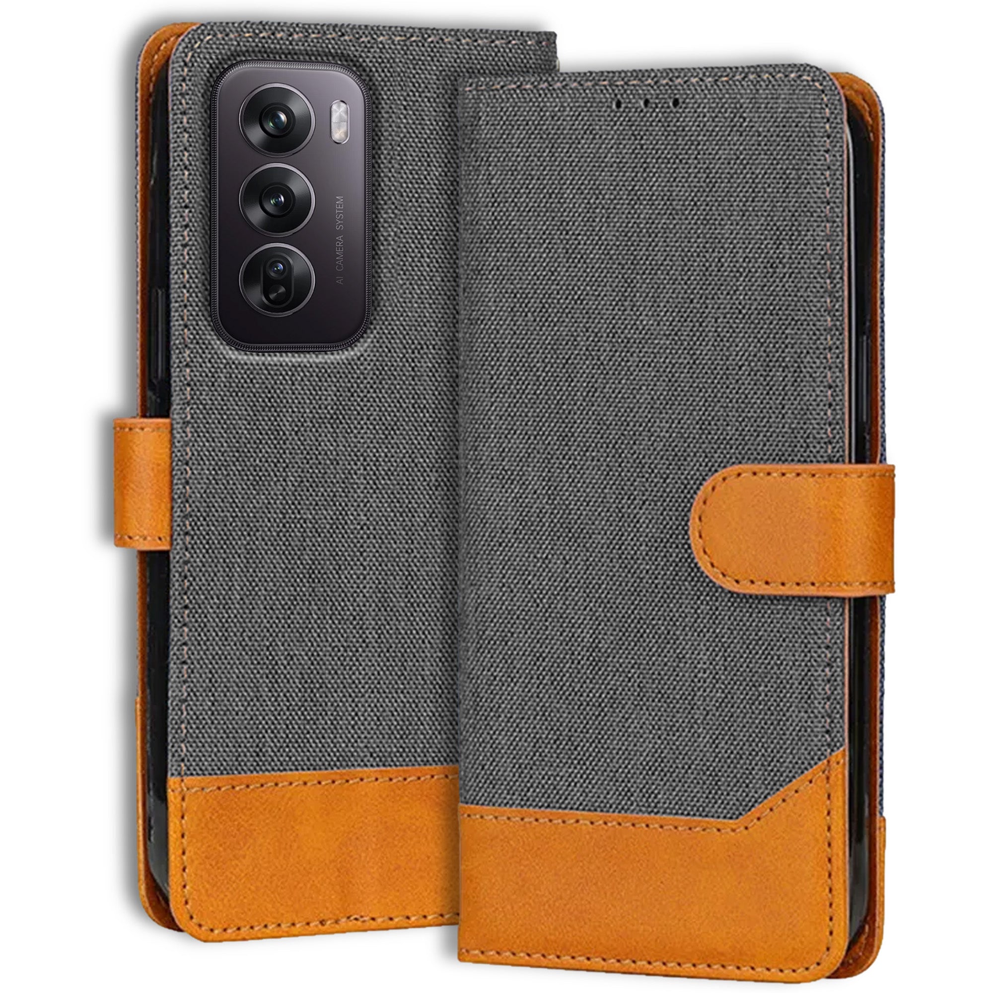 Accesorios Reno 12 Pro 5G denim flip cover – Grey – Image 1 #color_grey