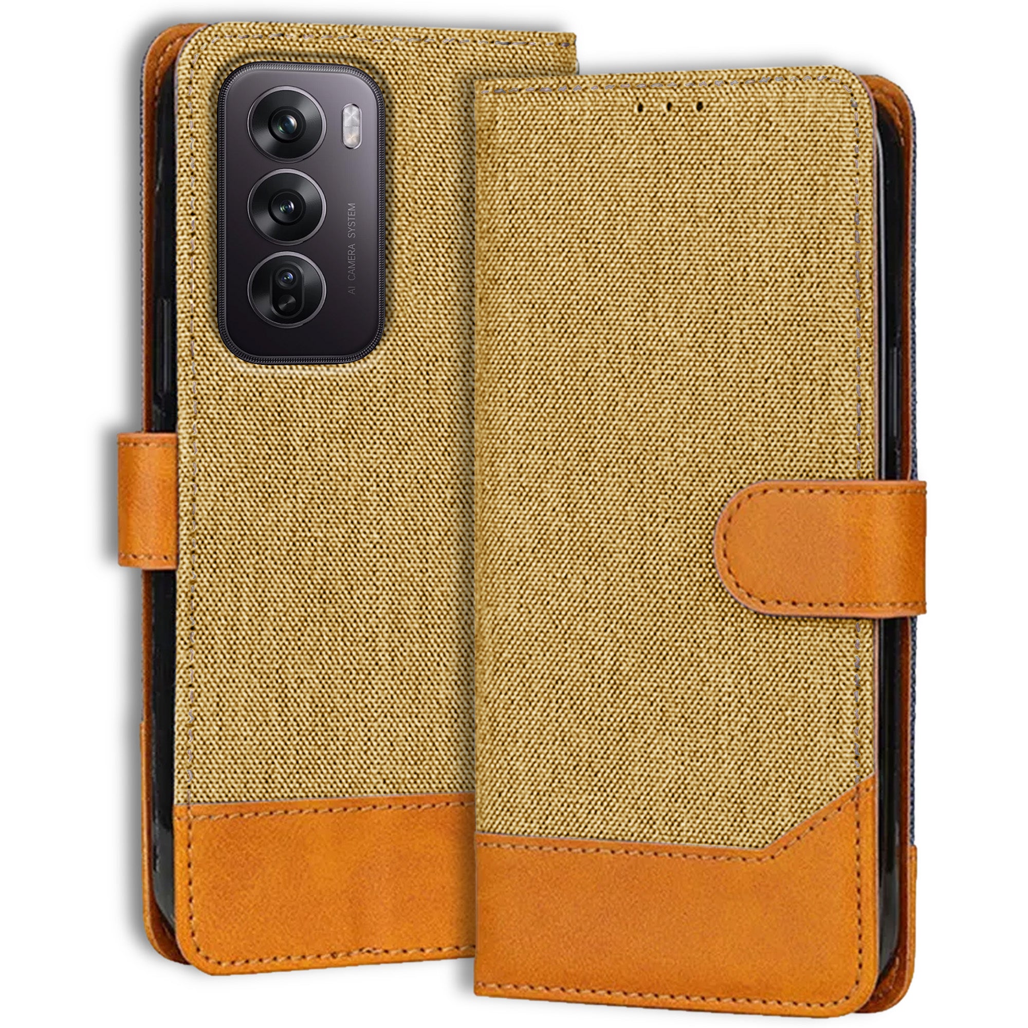 Accesorios Reno 12 Pro 5G denim flip cover – Light Brown – Image 1 #color_light brown