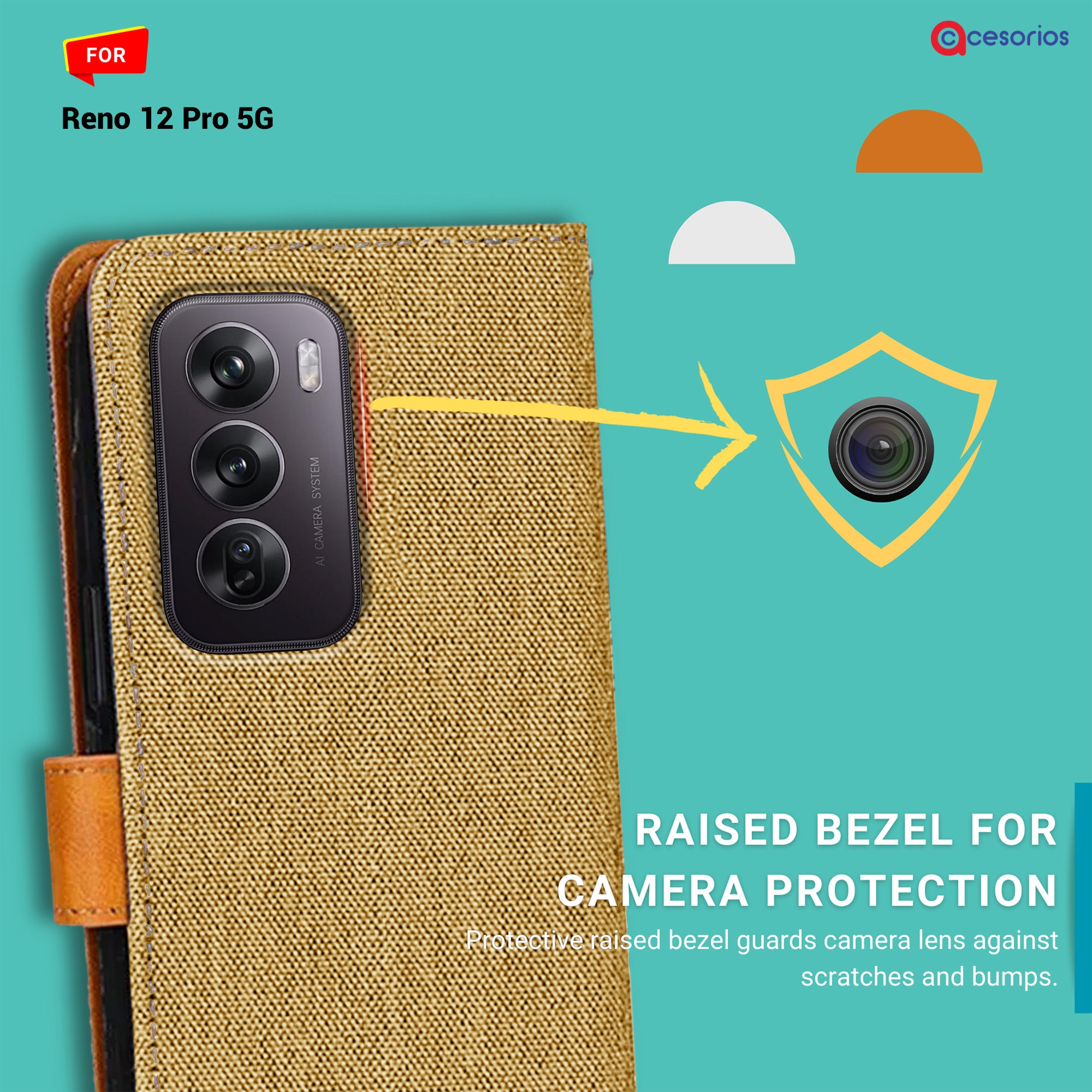 Accesorios Reno 12 Pro 5G denim flip cover – Light Brown – Image 2 #color_light brown