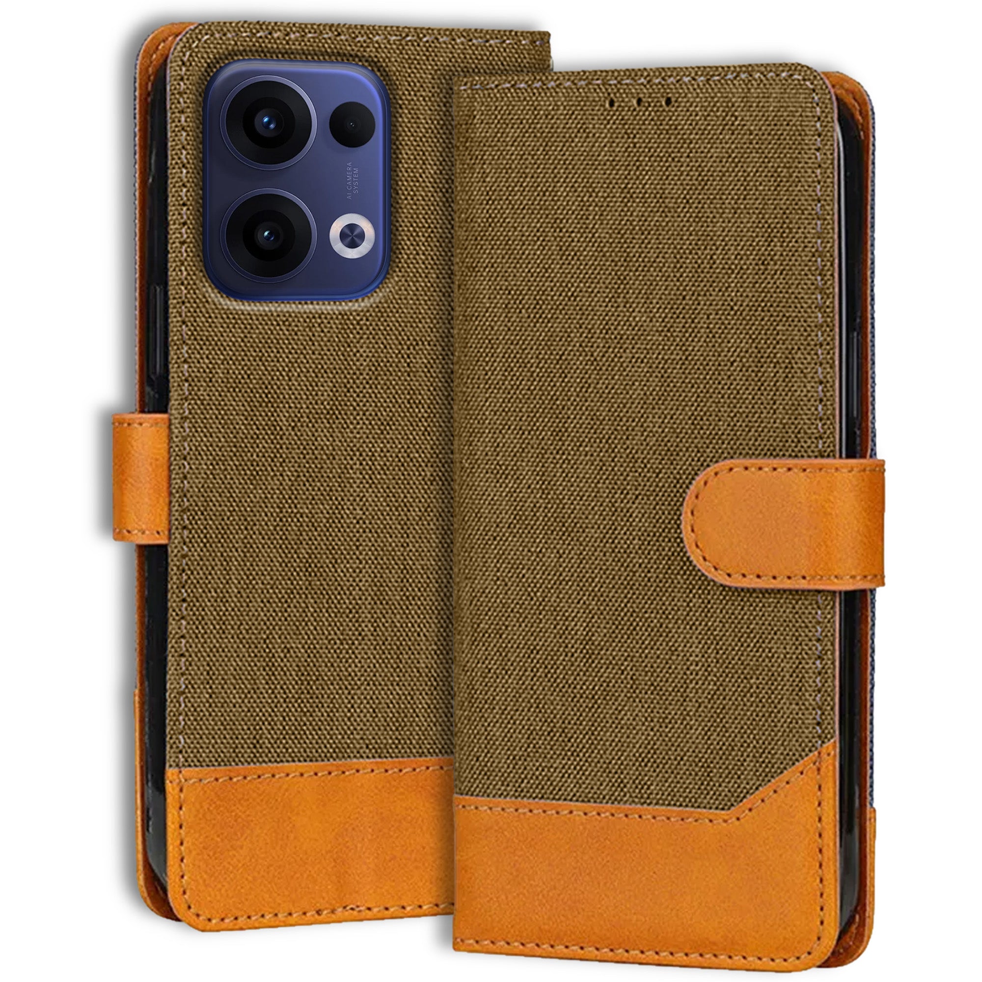 Accesorios Reno 13 5G denim flip cover – Dark Brown – Image 1 #color_dark brown