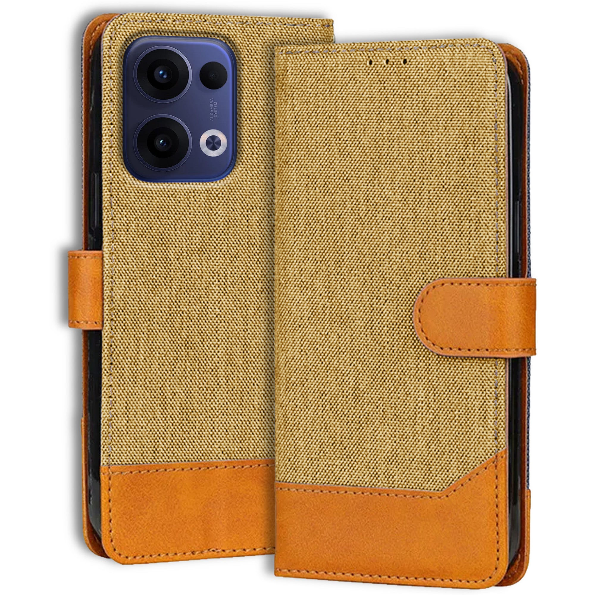 Accesorios Reno 13 5G denim flip cover – Light Brown – Image 1 #color_light brown