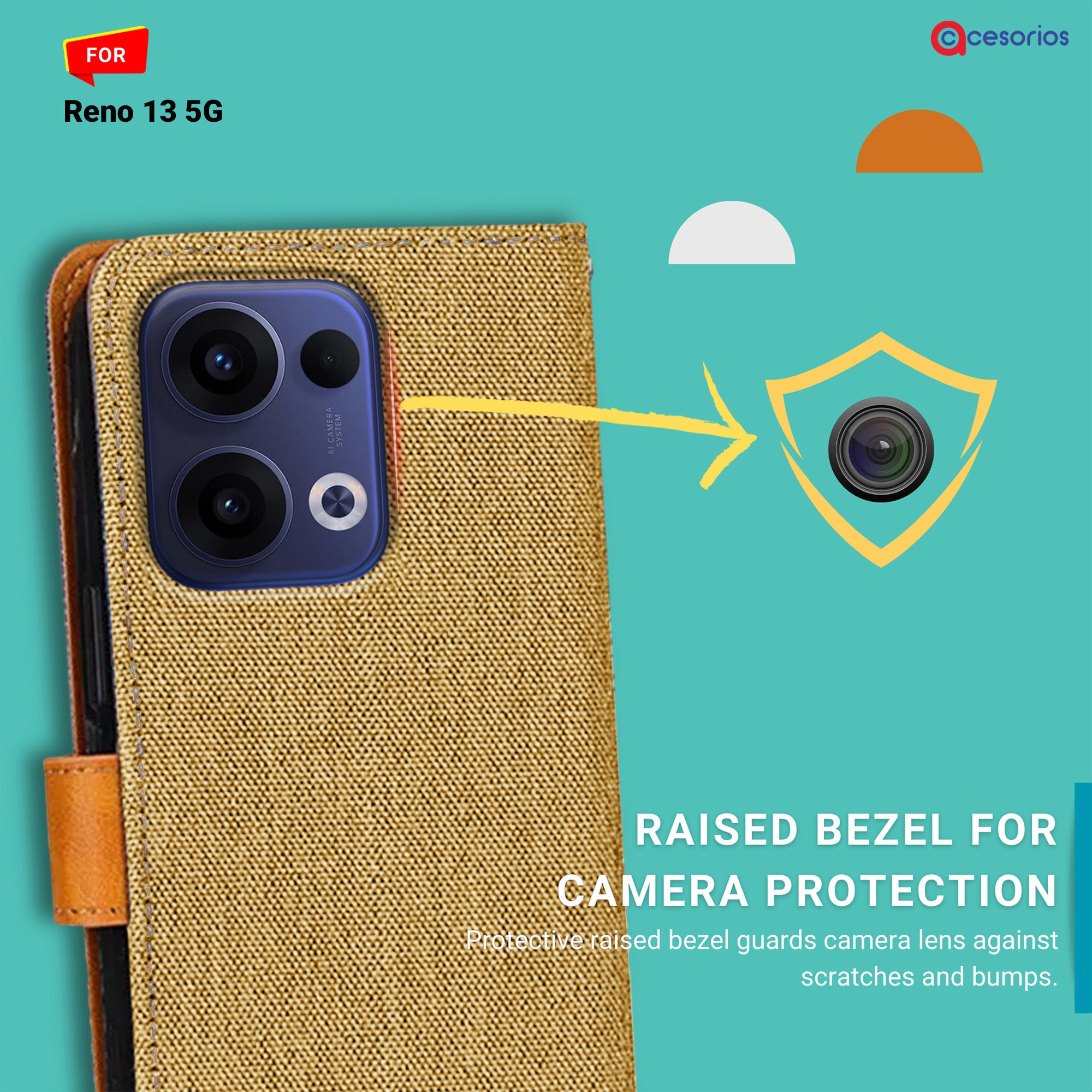 Accesorios Reno 13 5G denim flip cover – Light Brown – Image 2 #color_light brown