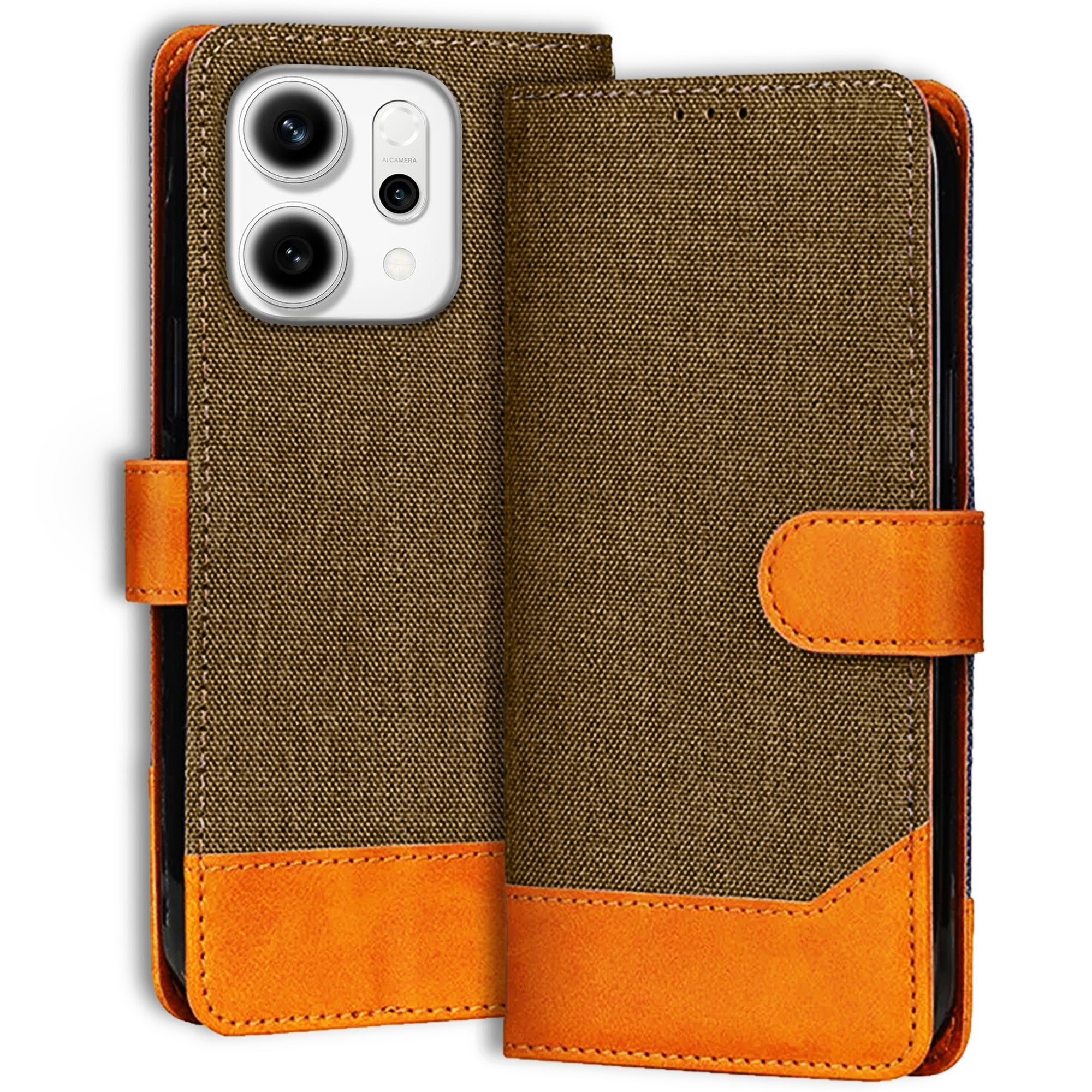 Accesorios Reno 14 5G denim flip cover – Dark Brown – Image 1 #color_dark brown