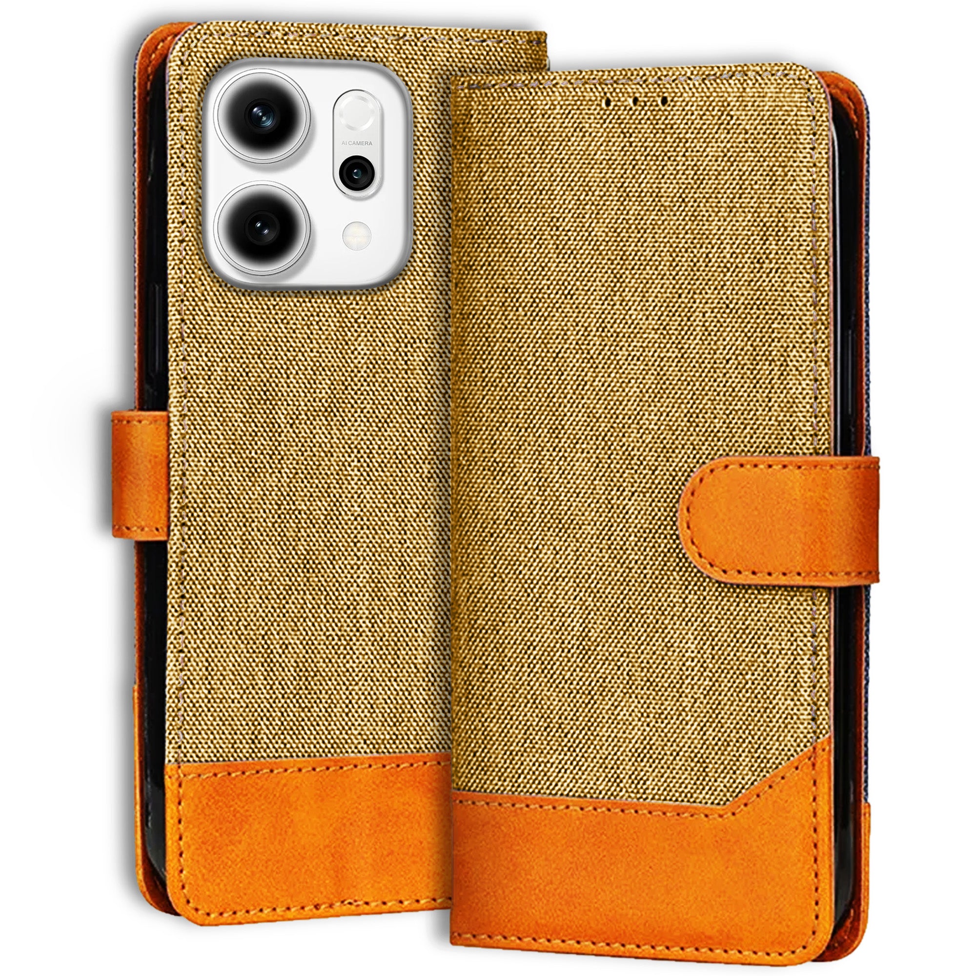 Accesorios Reno 14 5G denim flip cover – Light Brown – Image 1 #color_light brown
