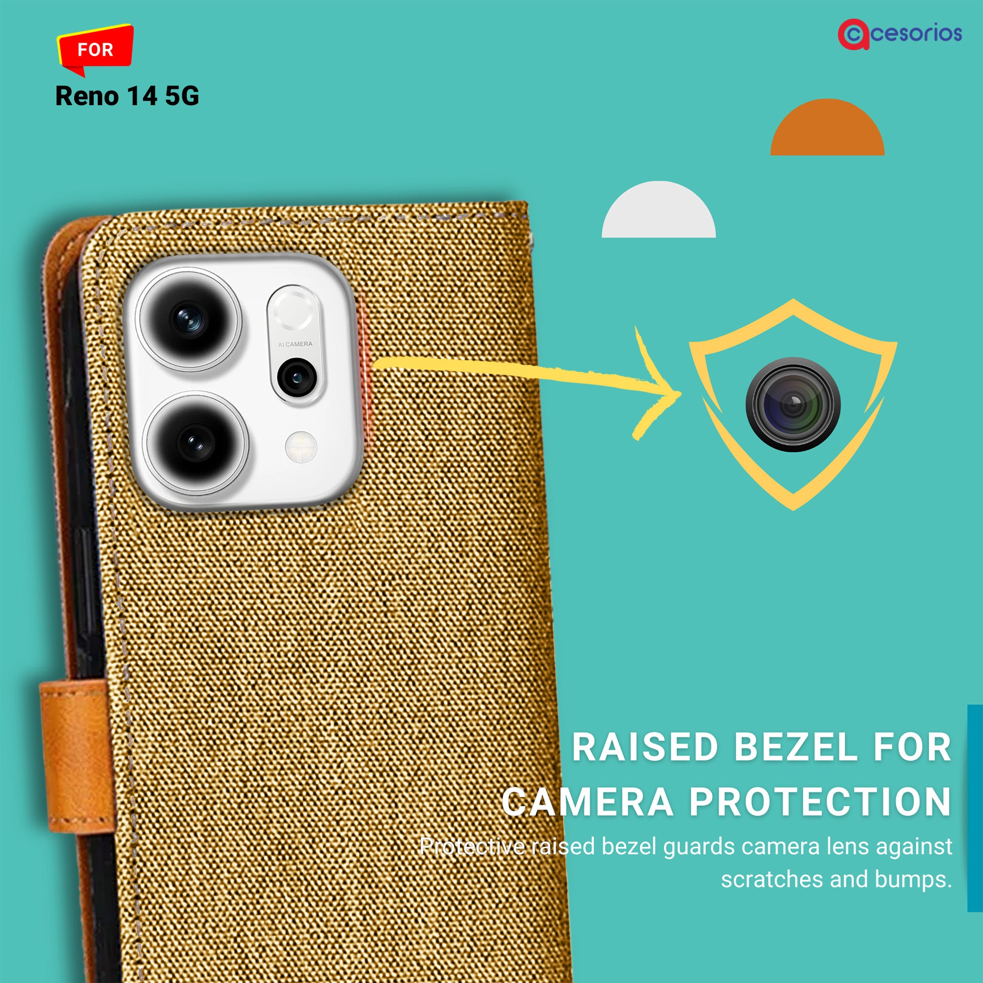 Accesorios Reno 14 5G denim flip cover – Light Brown – Image 2 #color_light brown