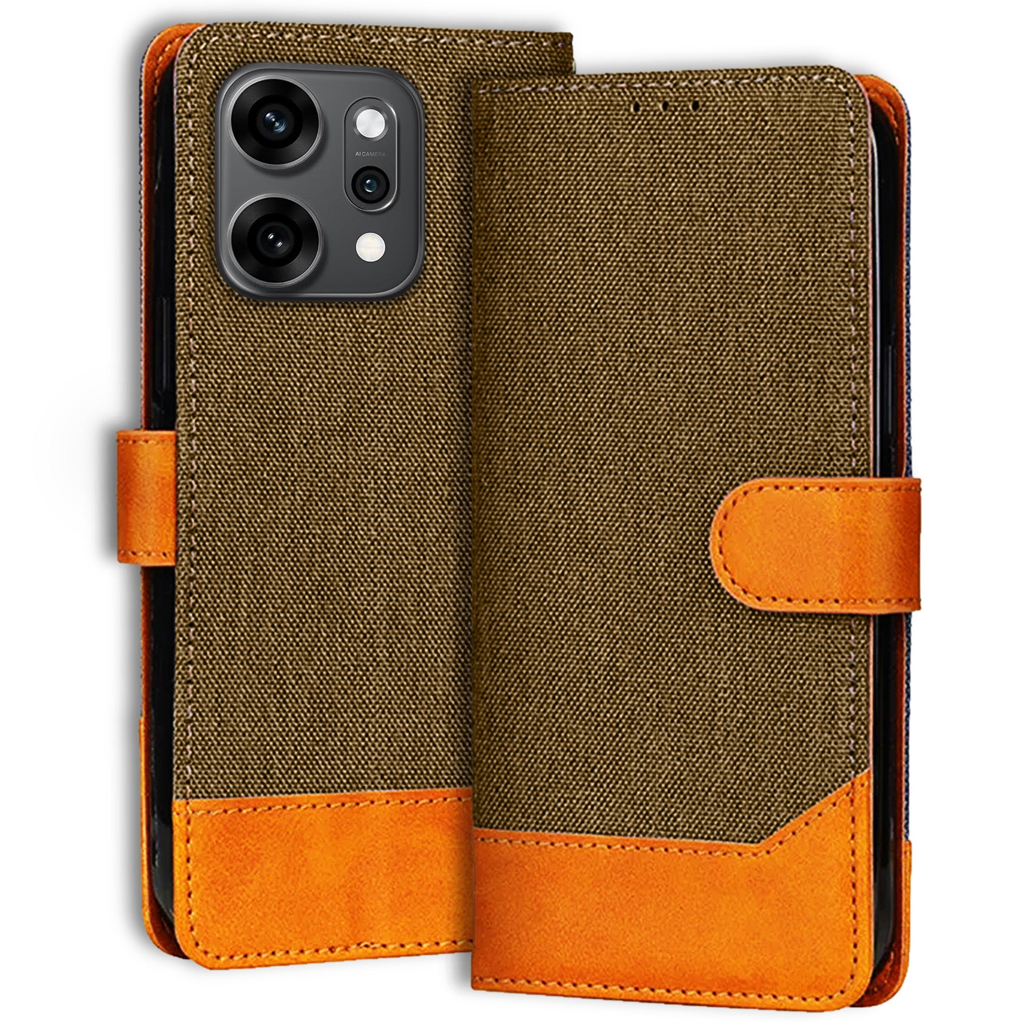 Accesorios Reno 14 Pro denim flip cover – Dark Brown – Image 1 #color_dark brown