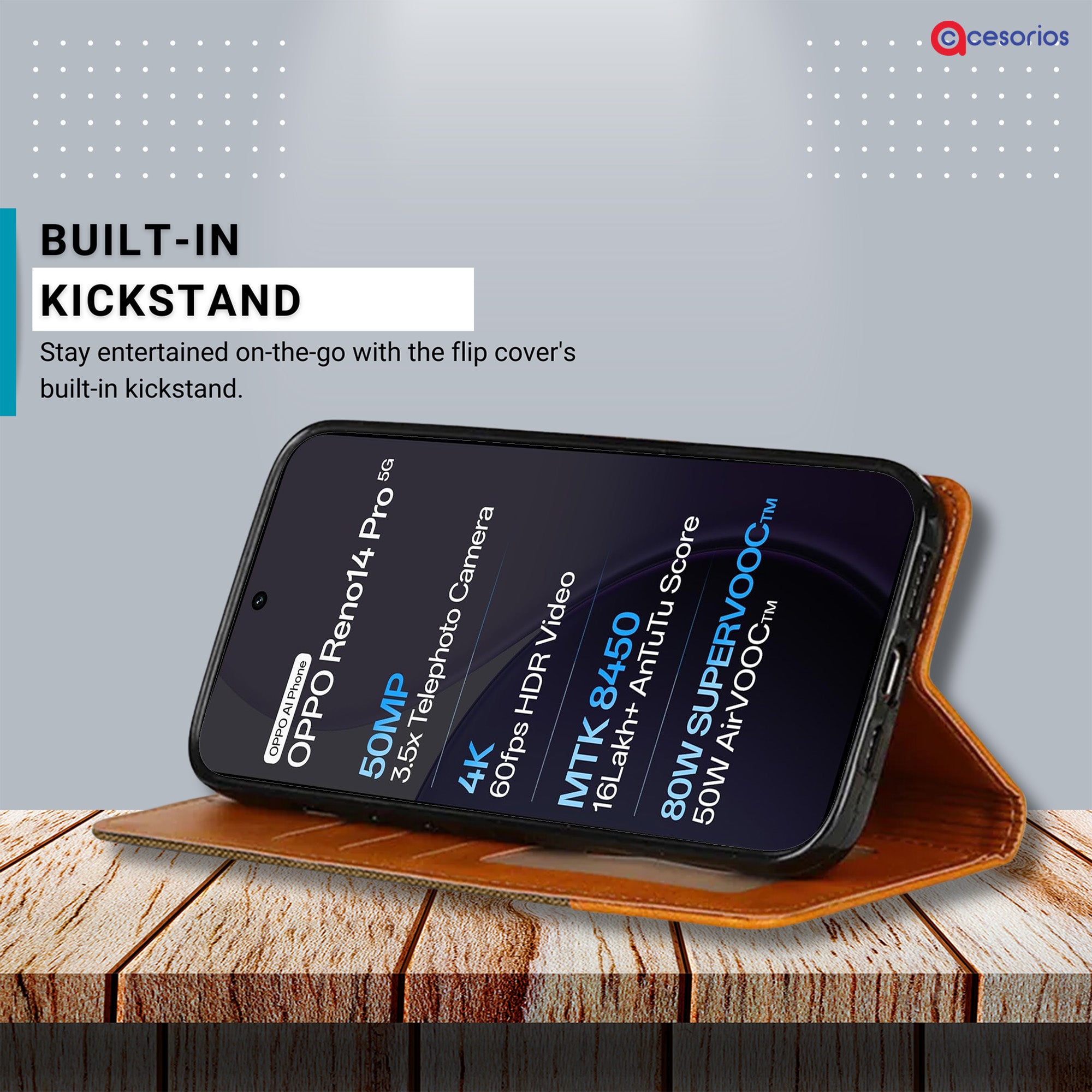 Accesorios Reno 14 Pro denim flip cover – Dark Brown – Image 4 #color_dark brown