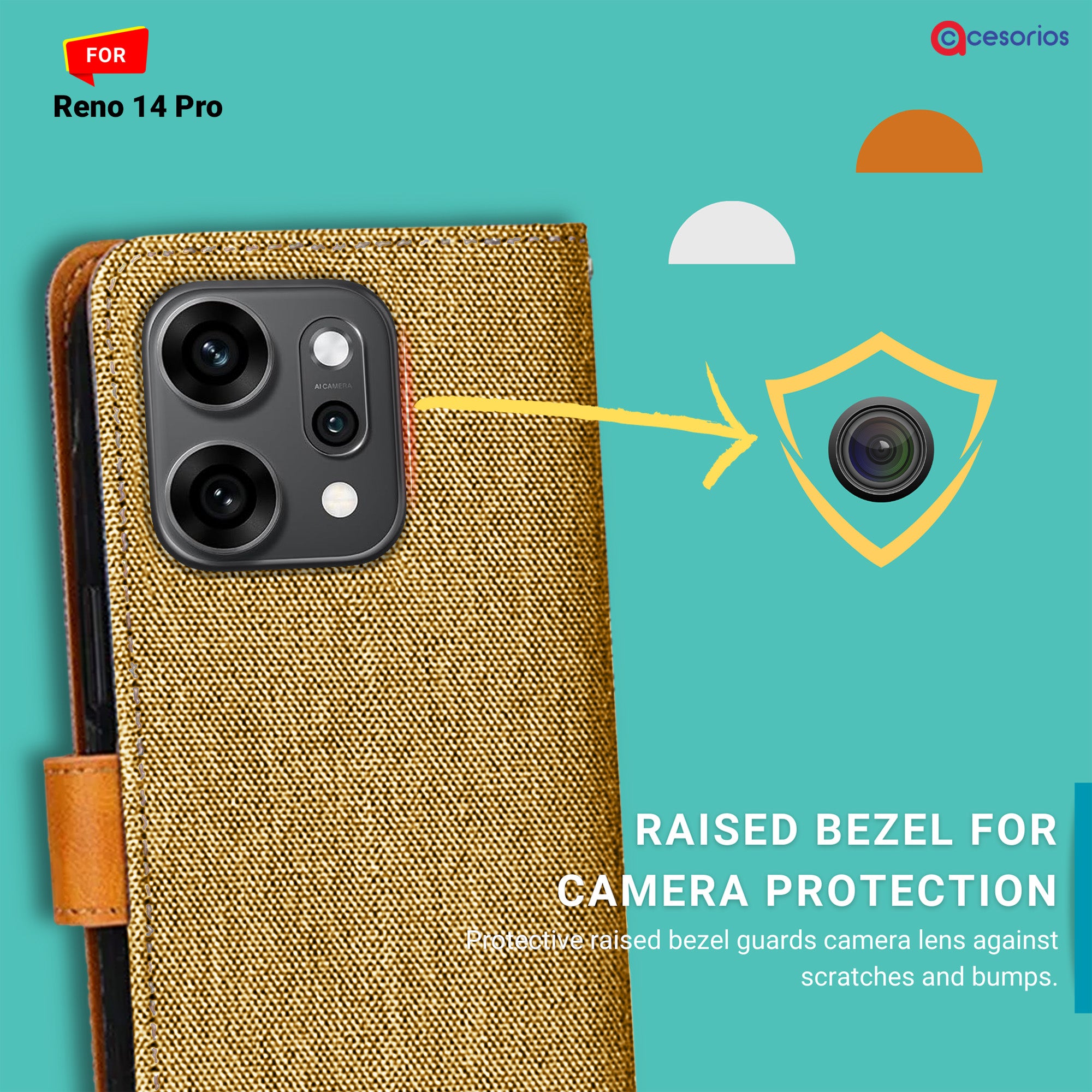 Accesorios Reno 14 Pro denim flip cover – Light Brown – Image 2 #color_light brown