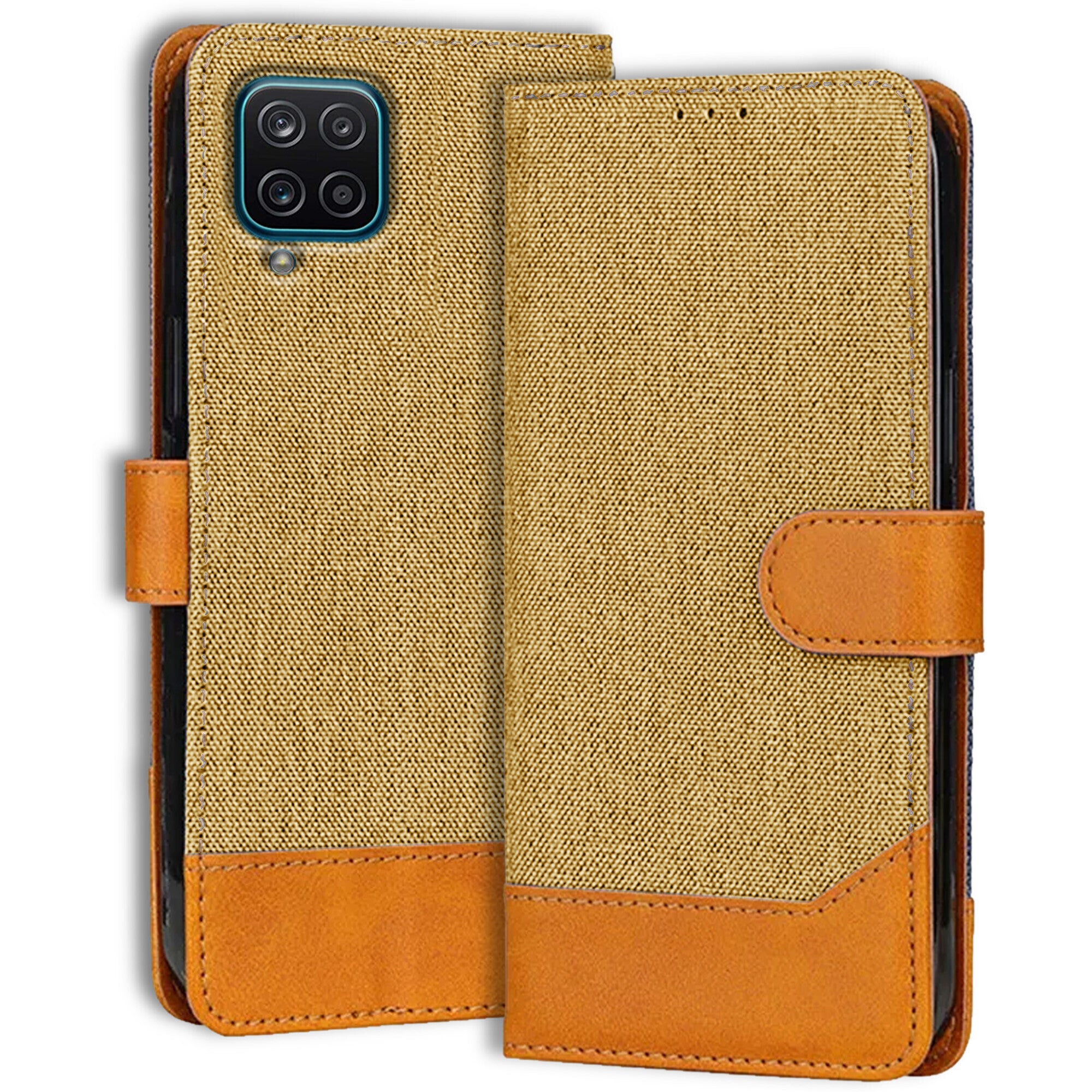 Accesorios Samsung A12 denim flip cover – Light Brown – Image 1 #color_light brown