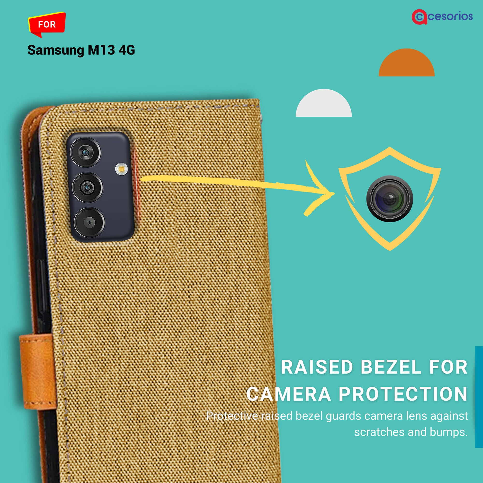 Accesorios Samsung M13 4G denim flip cover – Light Brown – Image 2 #color_light brown