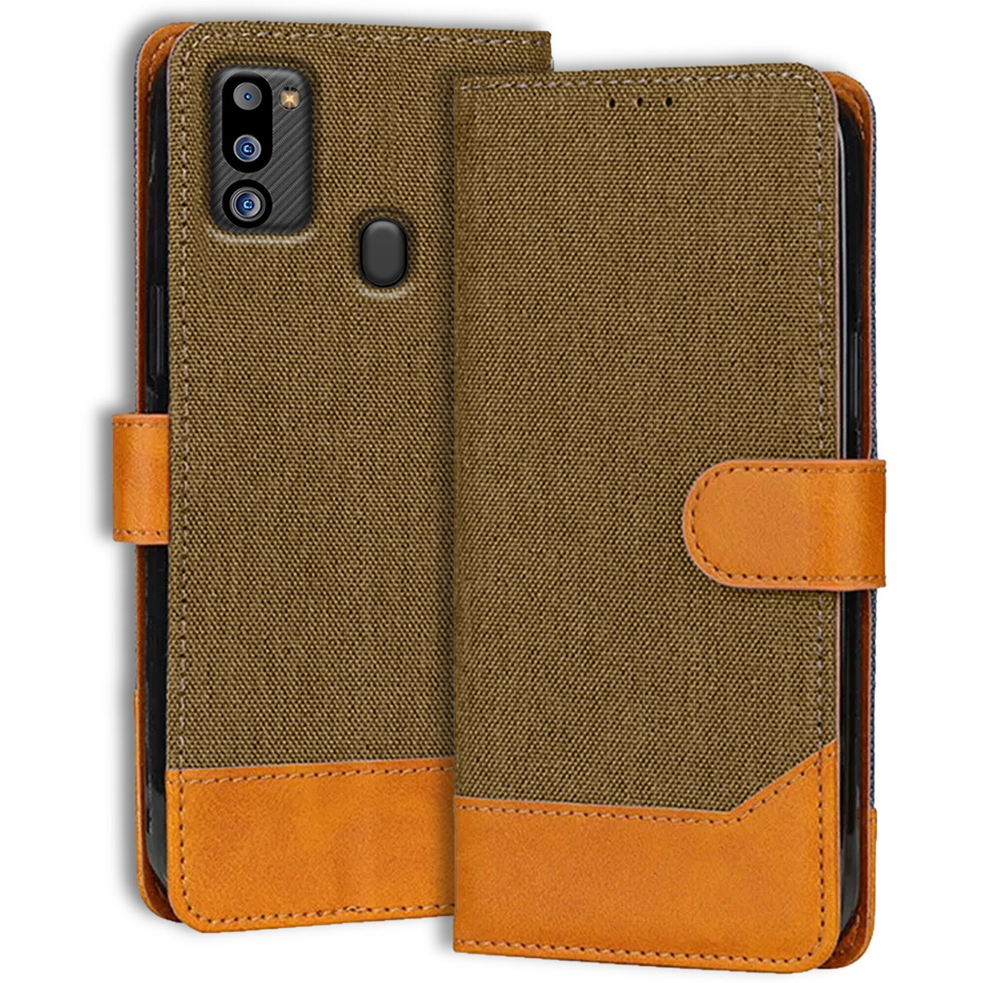 Accesorios Samsung M21 2021 denim flip cover – Dark Brown – Image 1 #color_dark brown