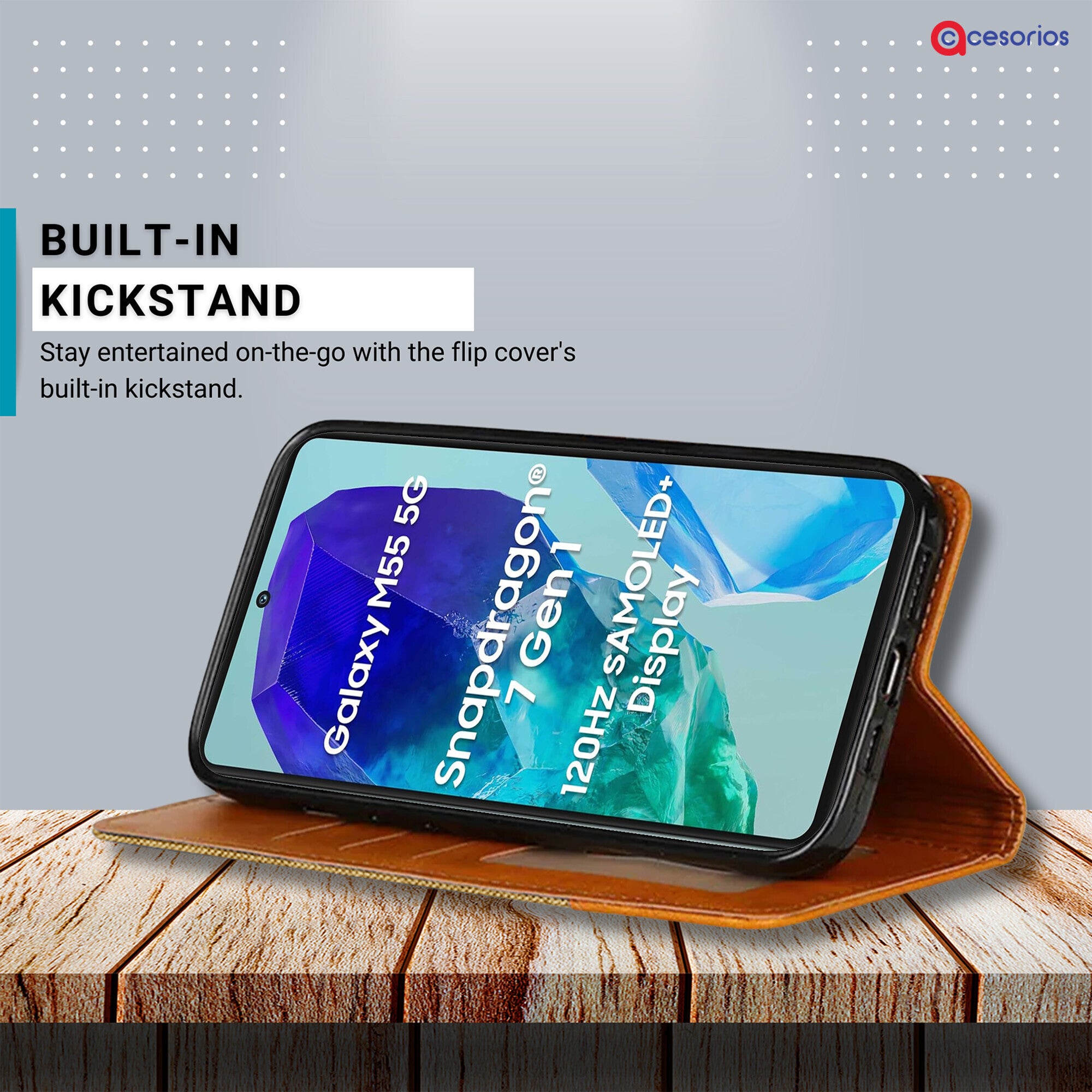 Accesorios Samsung M55 5G denim flip cover – Light Brown – Image 4 #color_light brown