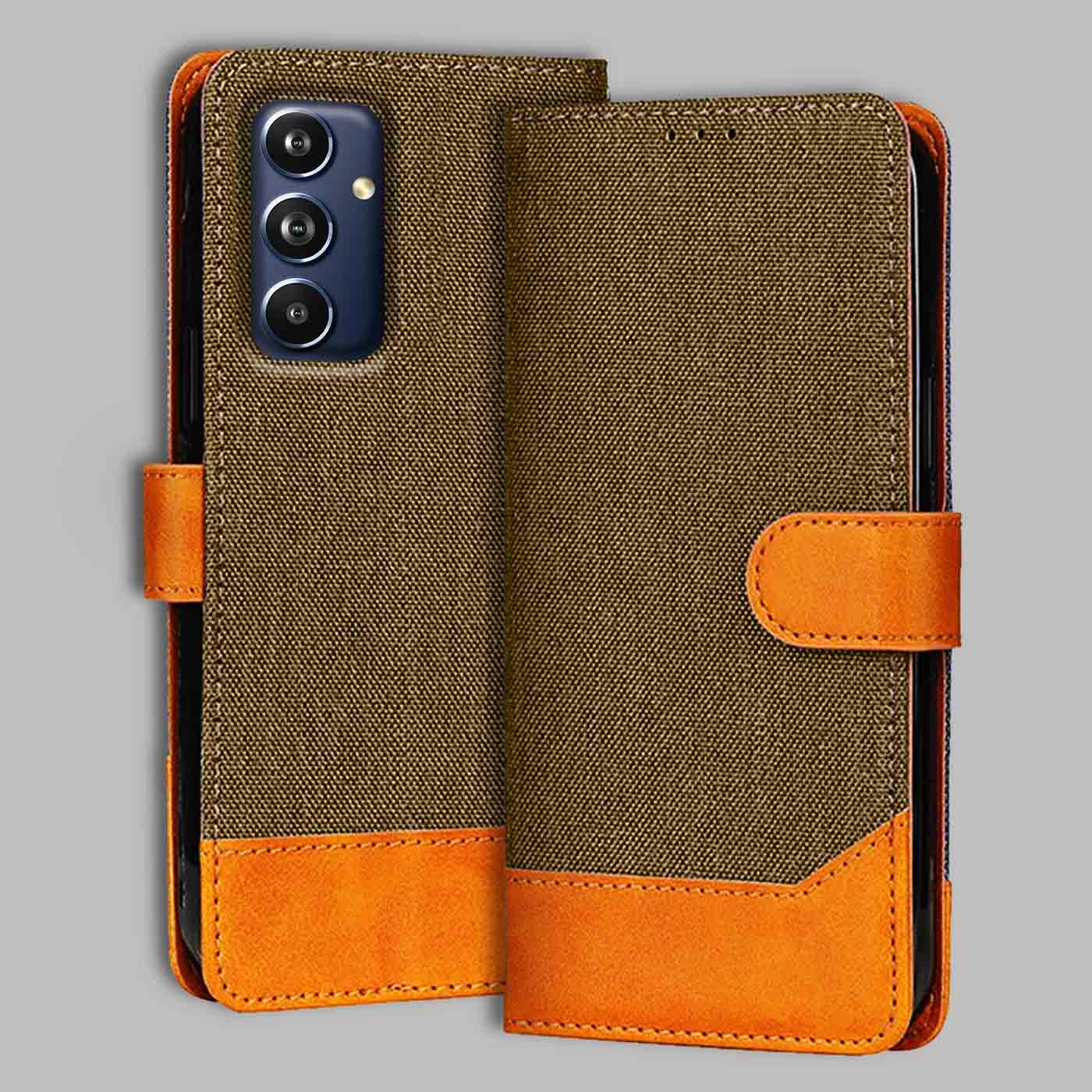 Denim & Leather Flip Case for Samsung F54 5G | Stylish Protection - Dark Brown