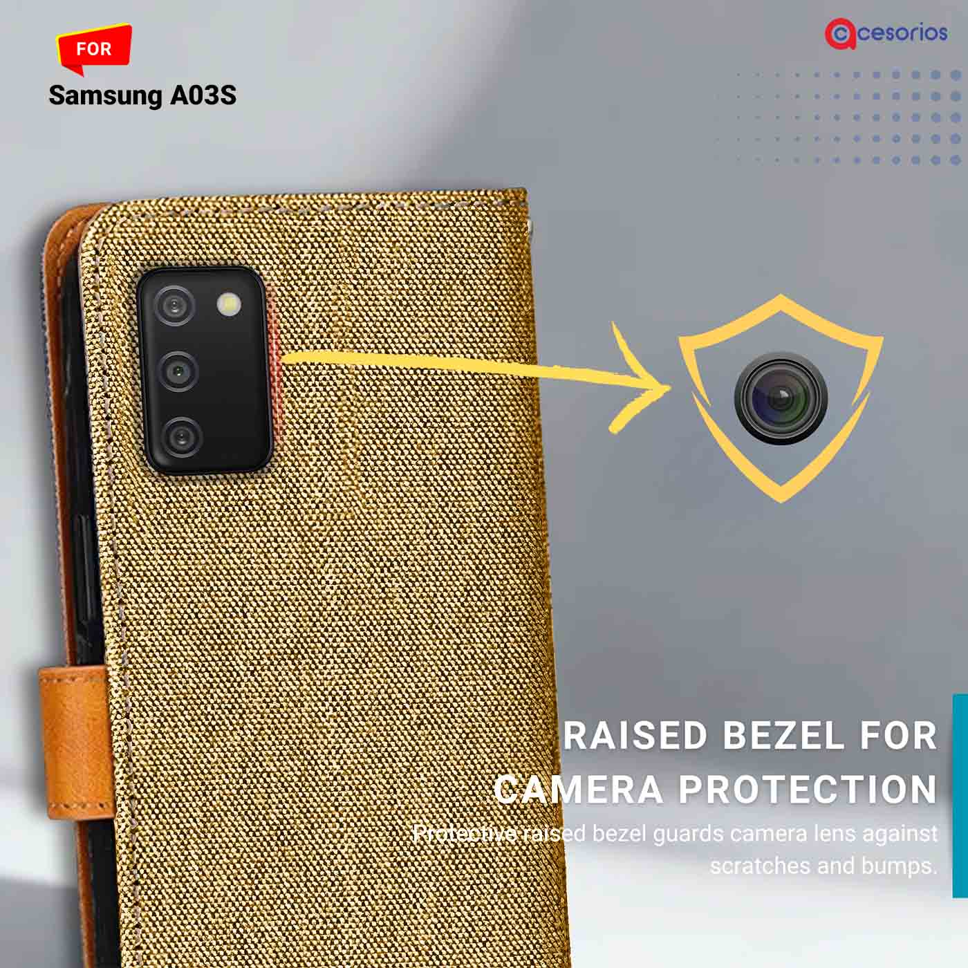 Denim & Leather back panel — Samsung A03S in Light Brown mobile case
