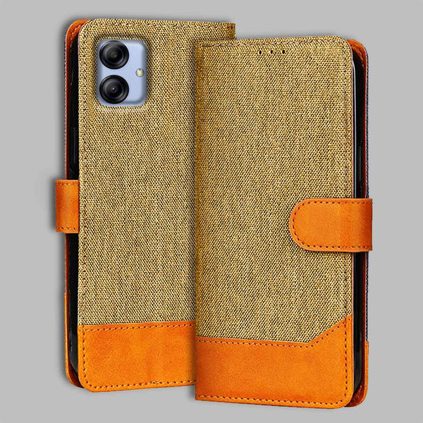 Samsung A04E Flip Cover — Denim, Camel Beige after a year of daily use