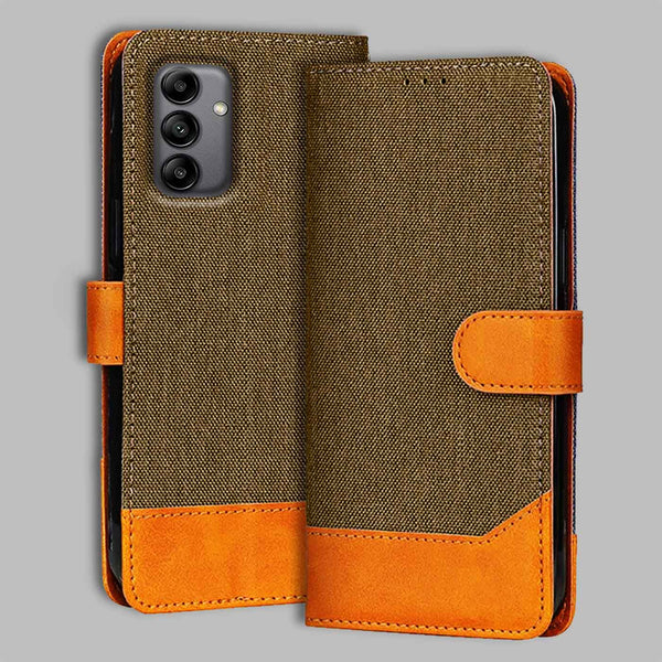 Samsung A04S Flip Cover — Denim, Walnut Brown after a year of daily use