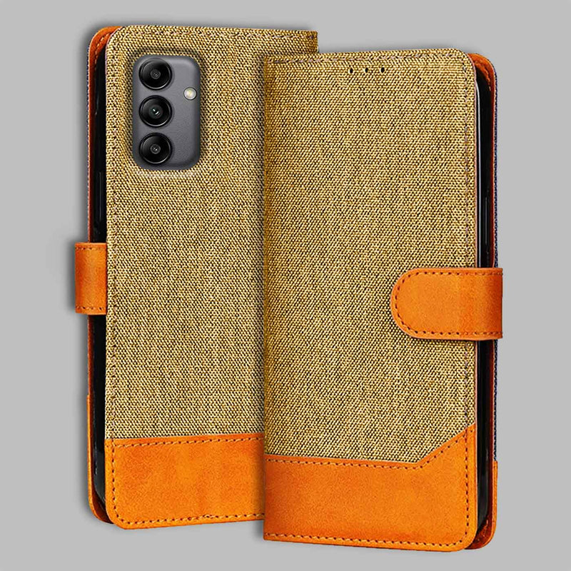 Samsung A04S Flip Cover — Denim, Camel Beige after a year of daily use