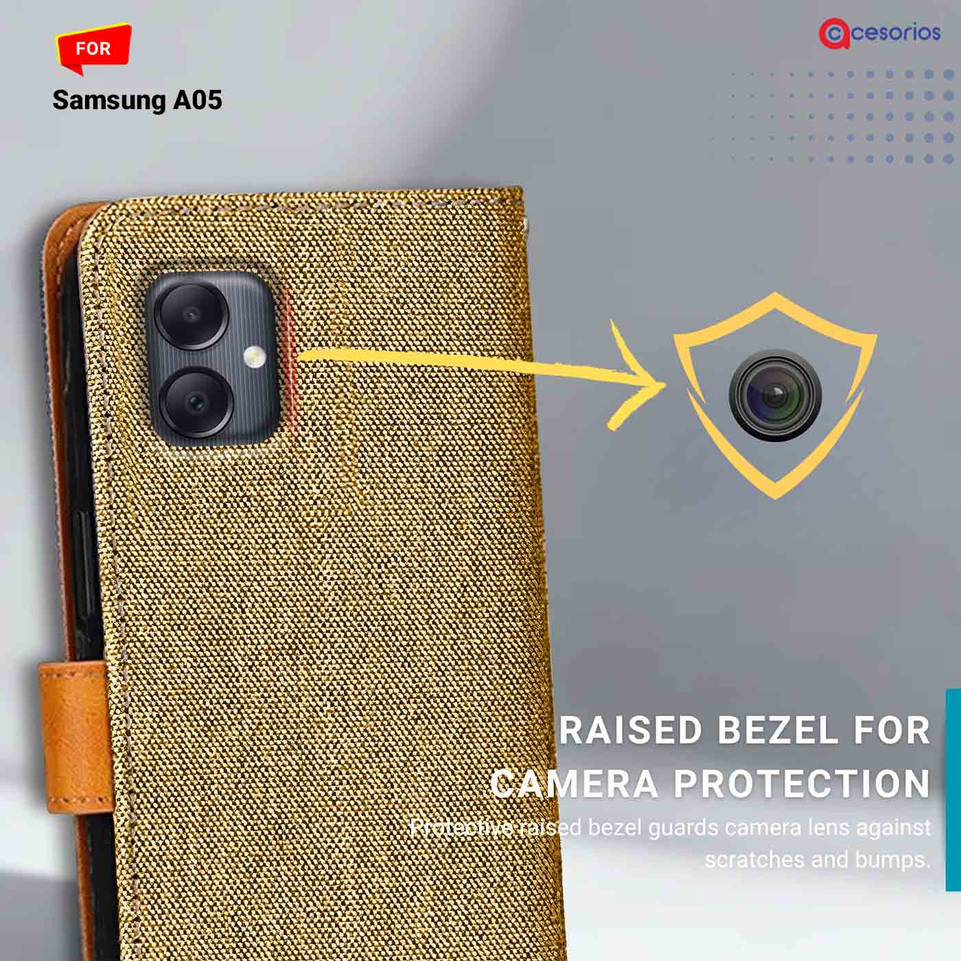 Denim & Leather back panel — Samsung A05 in Light Brown mobile case