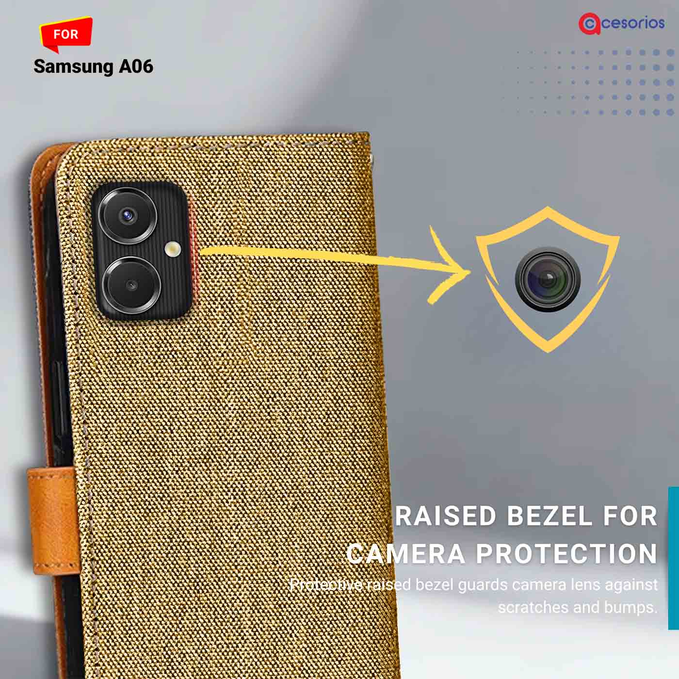 Denim & Leather back panel — Samsung A06 in Light Brown mobile case