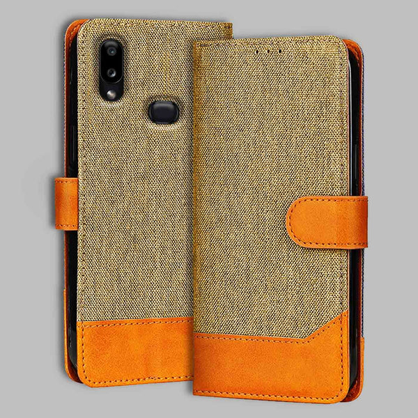 Samsung A10S Flip Cover — Denim, Camel Beige after a year of daily use