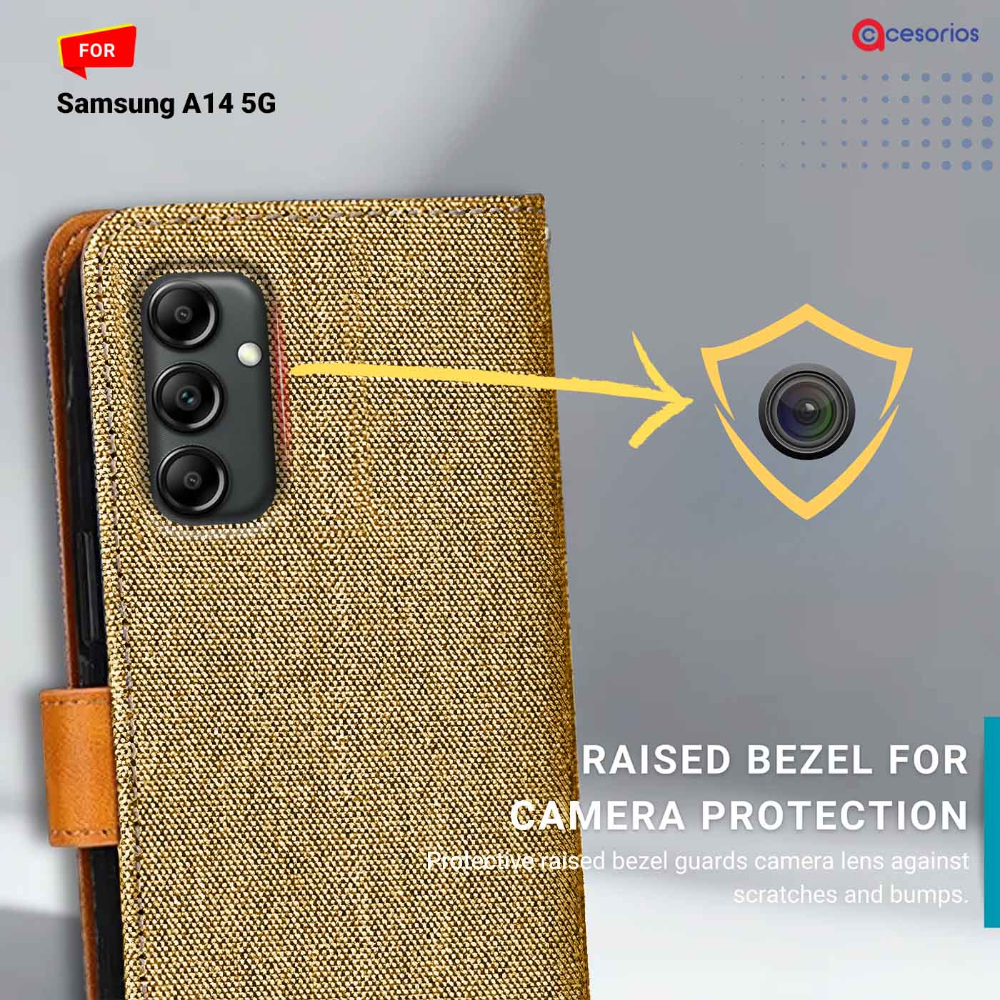 Denim & Leather back panel — Samsung A14 5G in Light Brown mobile case