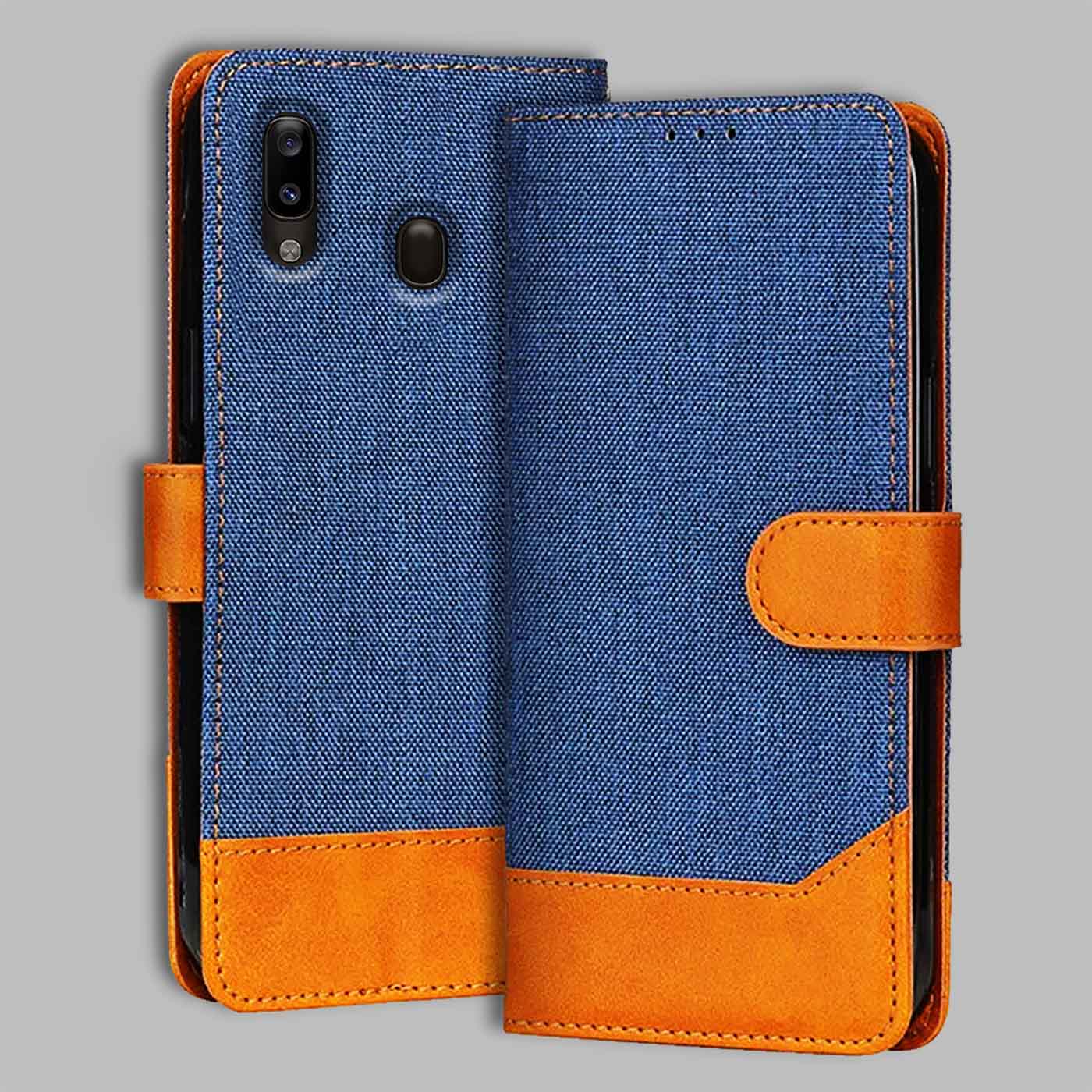 Samsung A20 flip cover in Blue — front view by Accesorios