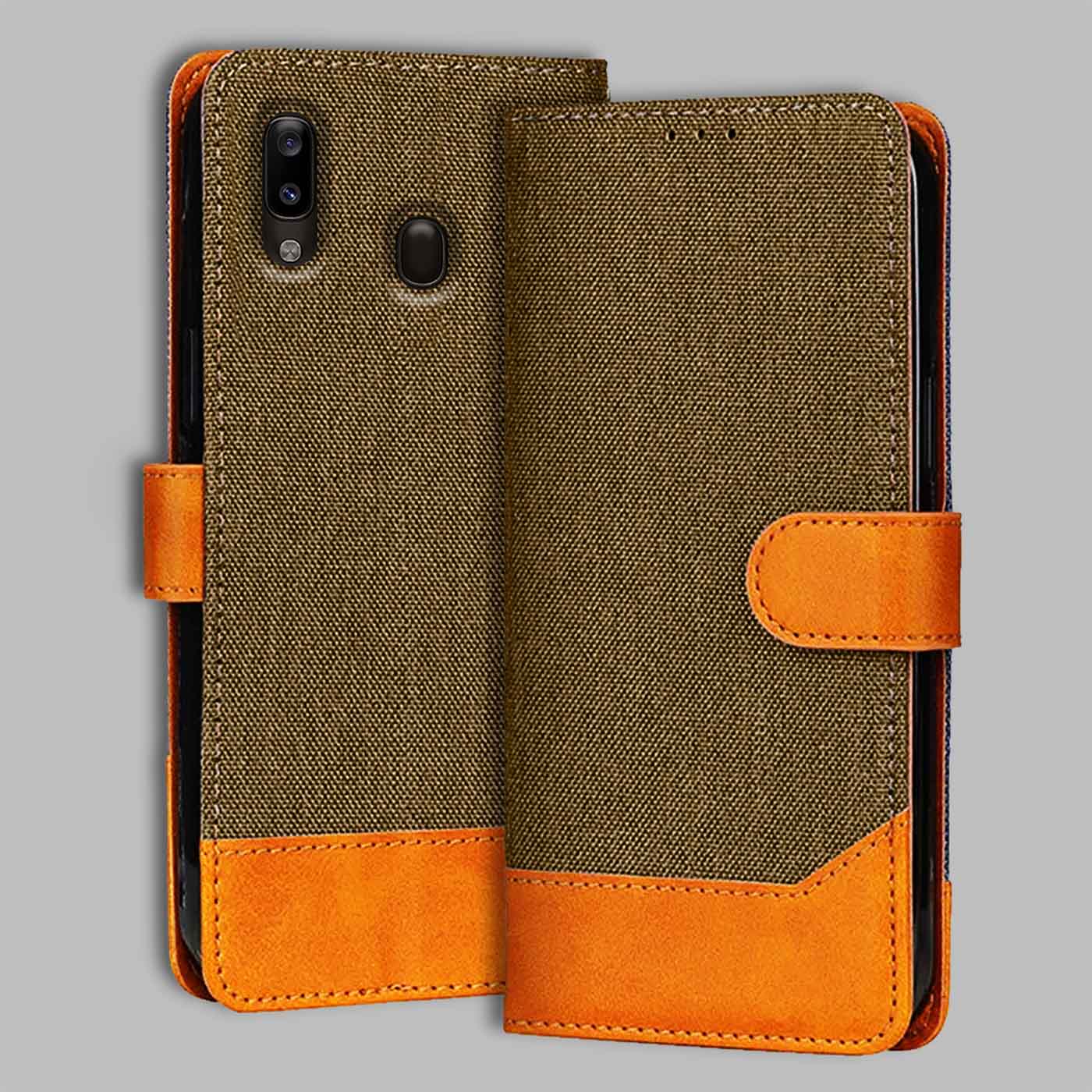 Samsung A20 flip cover in Dark Brown — front view by Accesorios