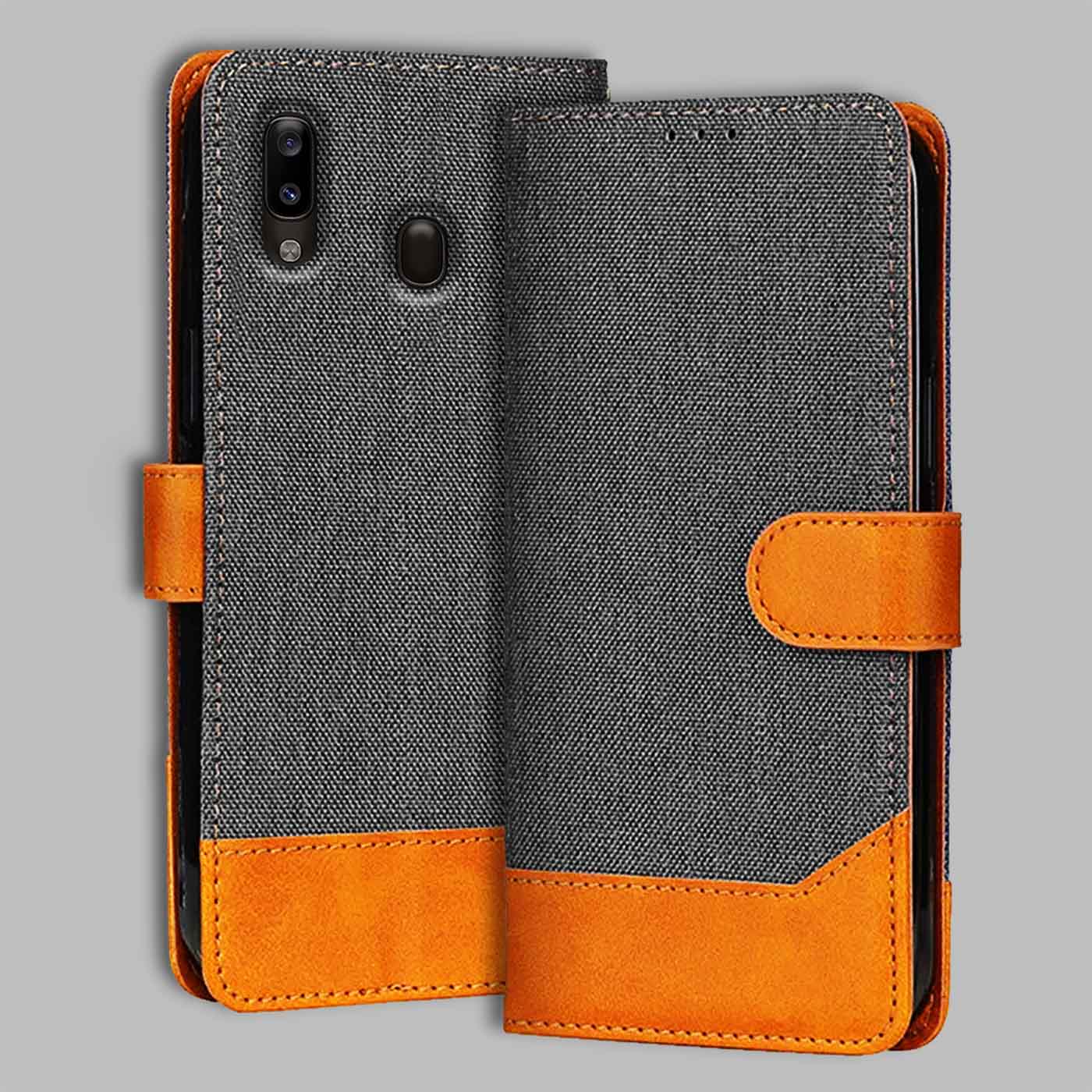 Samsung A20 flip cover in Grey — front view by Accesorios